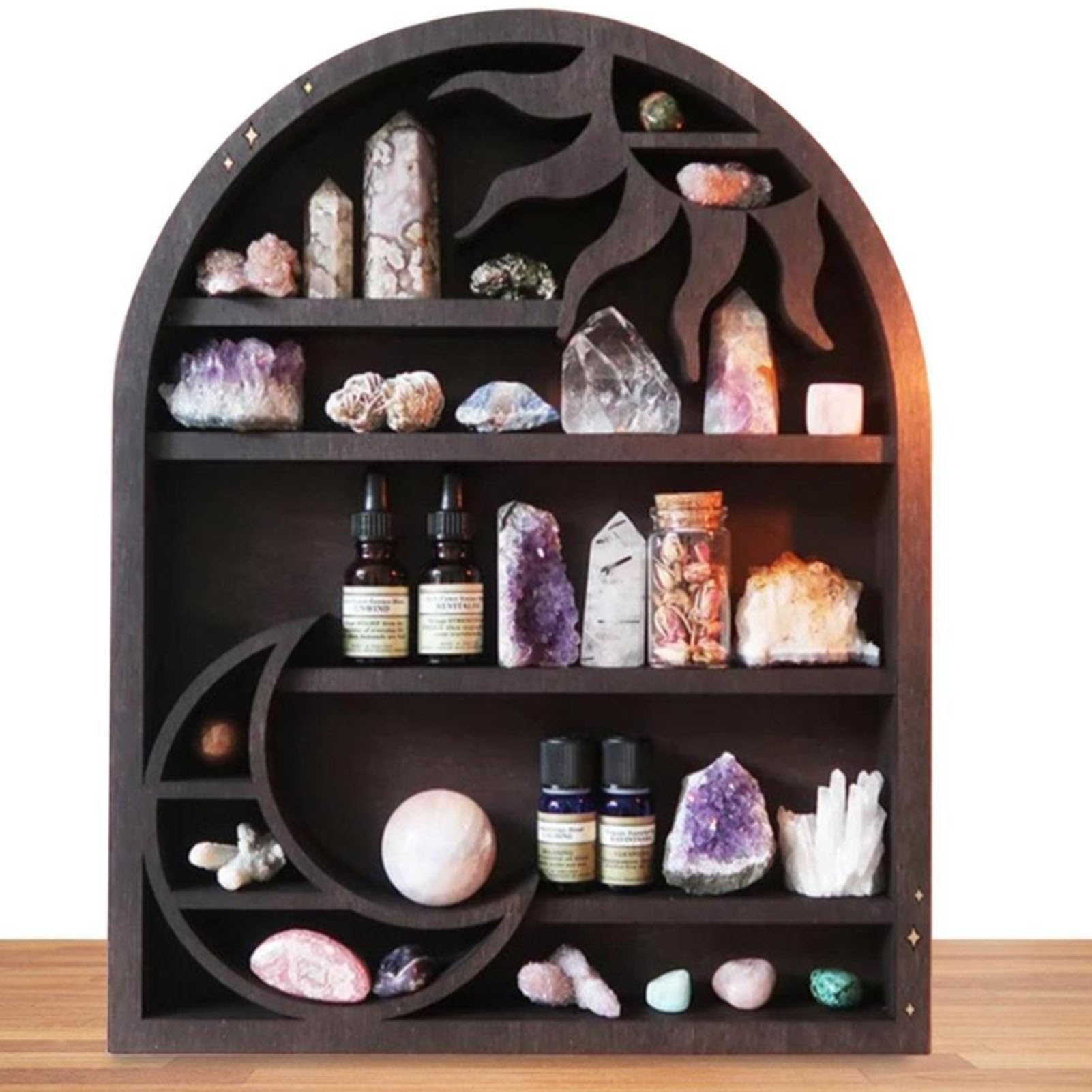 Moon & Sun Floating Shelves Crystal Display Rack Wall Mounted Holder Crescent Moon Shelf Boho Hanging Gothic Wall Stand Organizer Zen Wall Decor Arch Shelf For Spiritual, Hippie, Or Witch Room Decor (