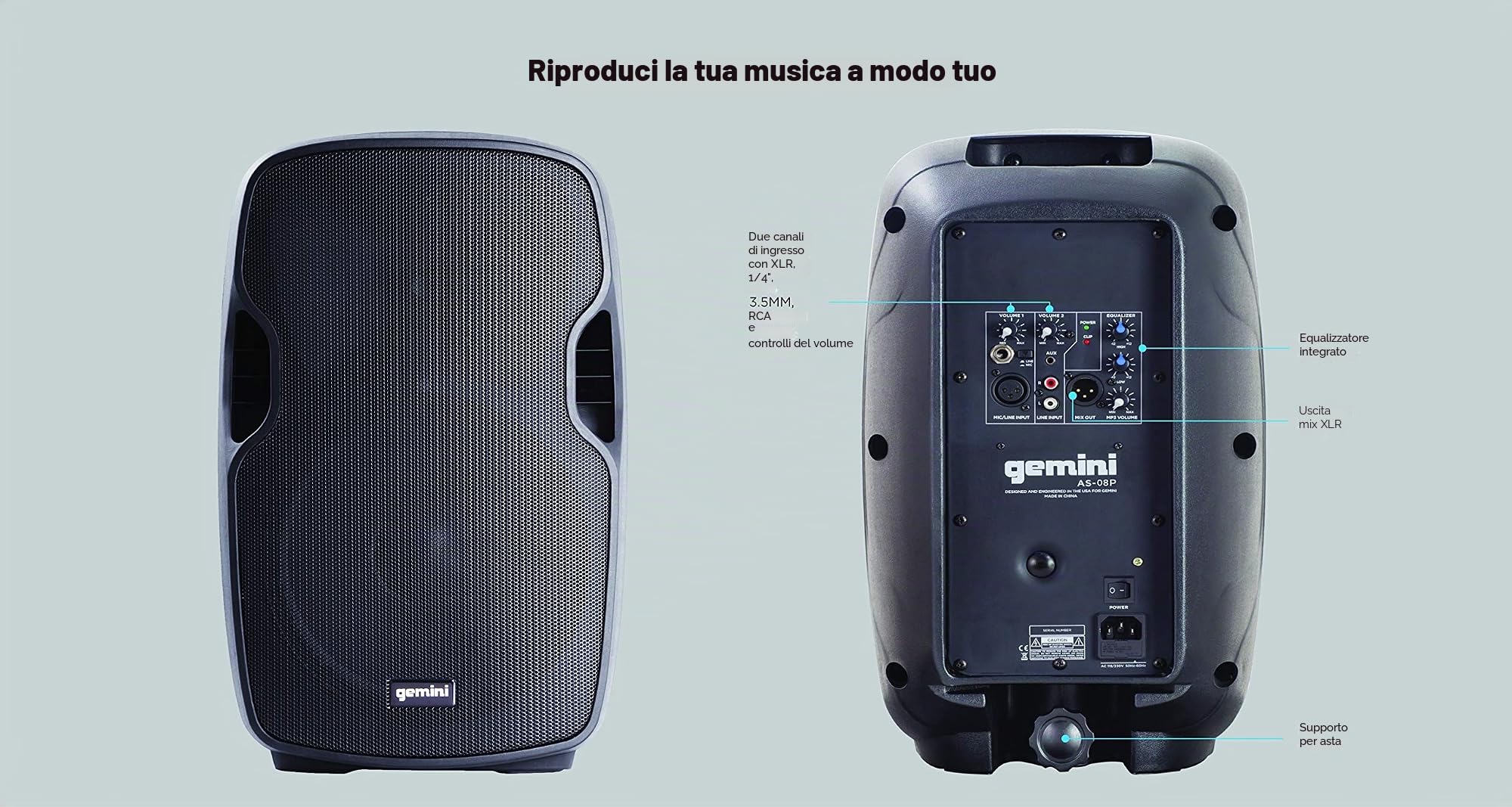 Gemini, AS08P - Altoparlante con amplificatore di picco da 500 W, per karaoke, feste, ecc.