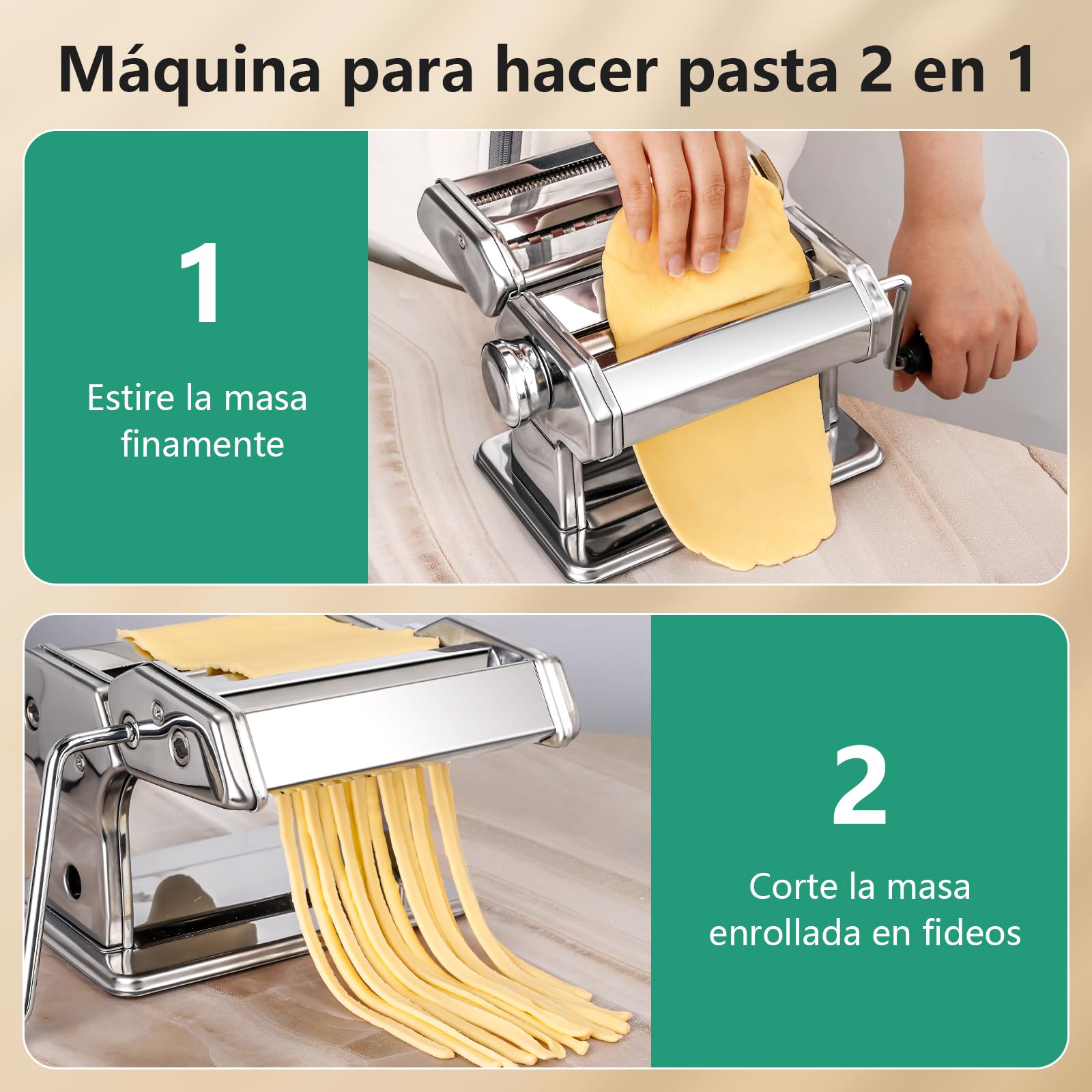 YASHE Máquina de Pasta, Manual Pasta Maker, 7 Grosor Ajustable, 2 Cortador de Masa de Ancho, Acero Inoxidable, Fideos Caseros Bola de Masa Espaguetis