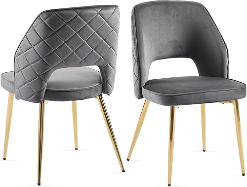 NORDICANA Juego de 2 sillas de comedor modernas, tapizadas de tela de terciopelo gris con patas de metal dorado, sillas laterales redondas con NORDICANA Juego de 2 sillas de comedor modernas, tapizadas de tela de terciopelo gris con patas de metal dorado, sillas laterales redondas con