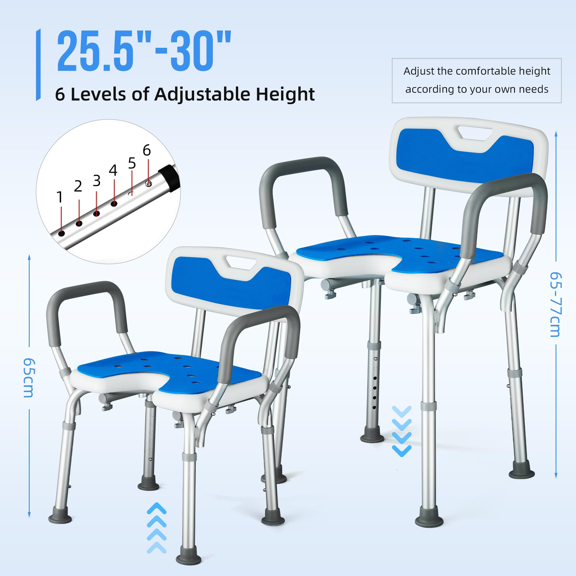 Silla Ducha Personas Mayores Asiento en U Taburete de Baño Antideslizante con Altura Ajustable de 6 Niveles y Reposabrazos Asiento de Ducha Regulable para Ancianos y Discapacitados