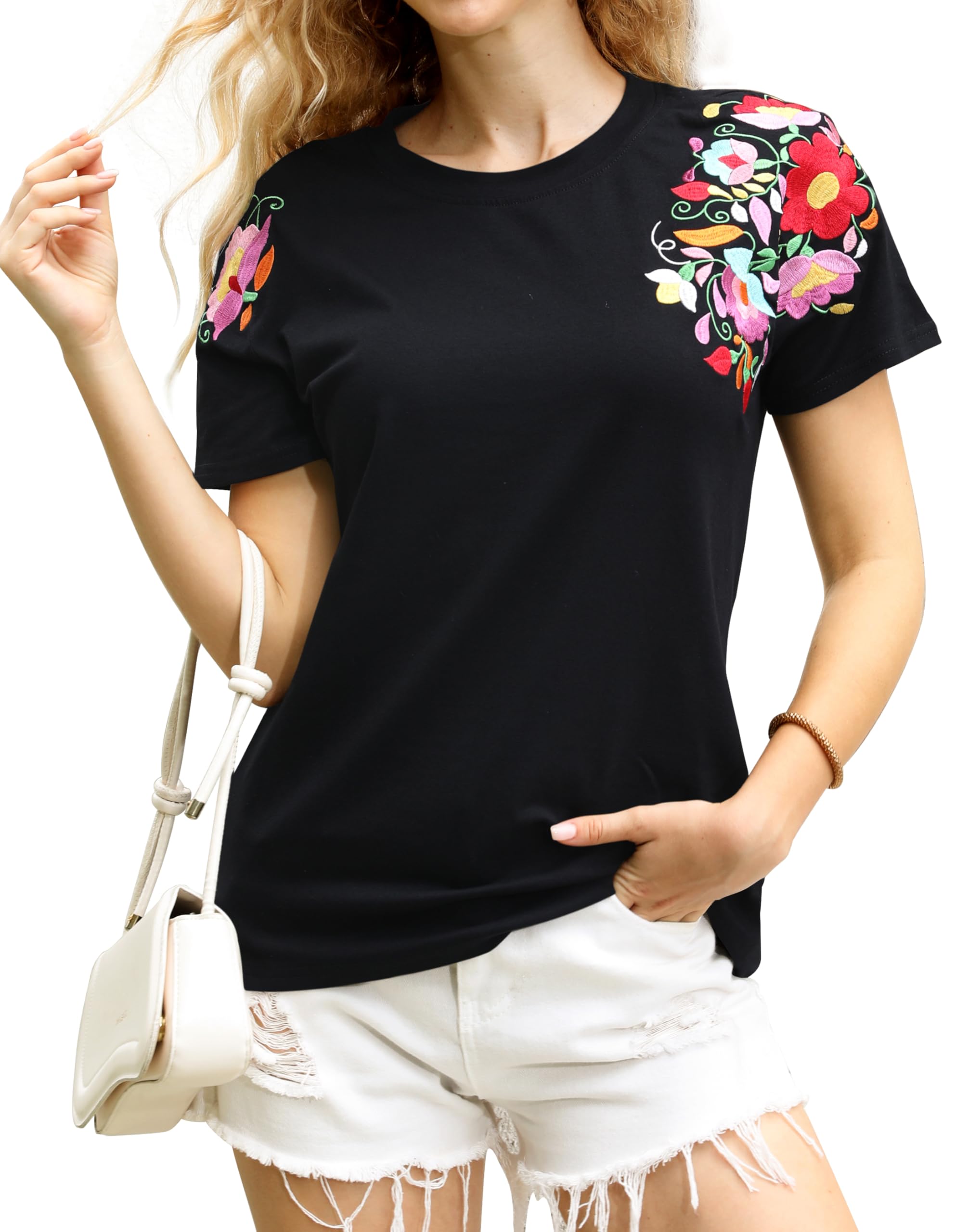 LHBNKMexican Shirts for Women: Floral Embroidered T-Shirt Cinco De Mayo Tees Mexico Fiesta Tops Casual Boho Tunic