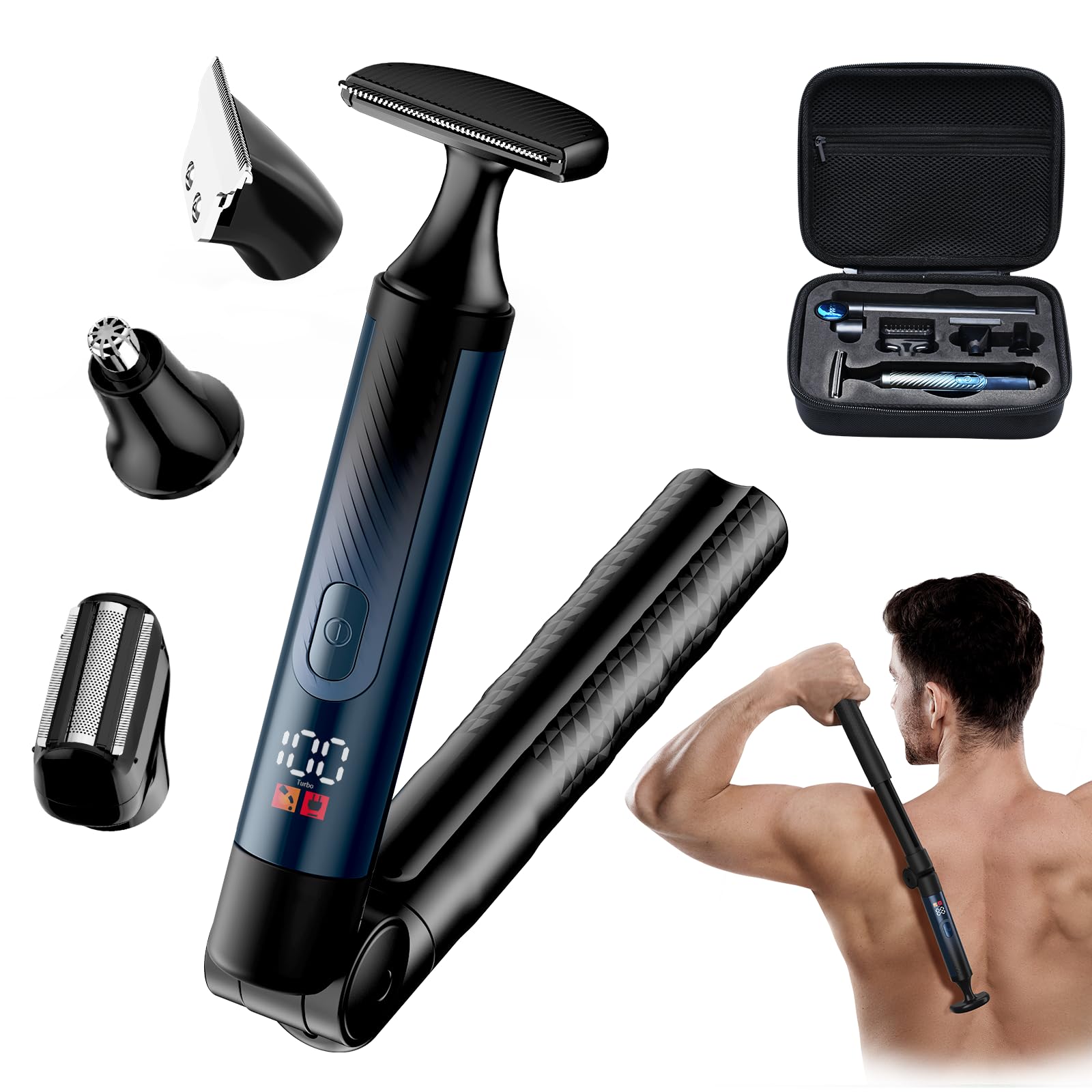 Back Shaver for Men, LED Display with Storage Case, (Light Blue)