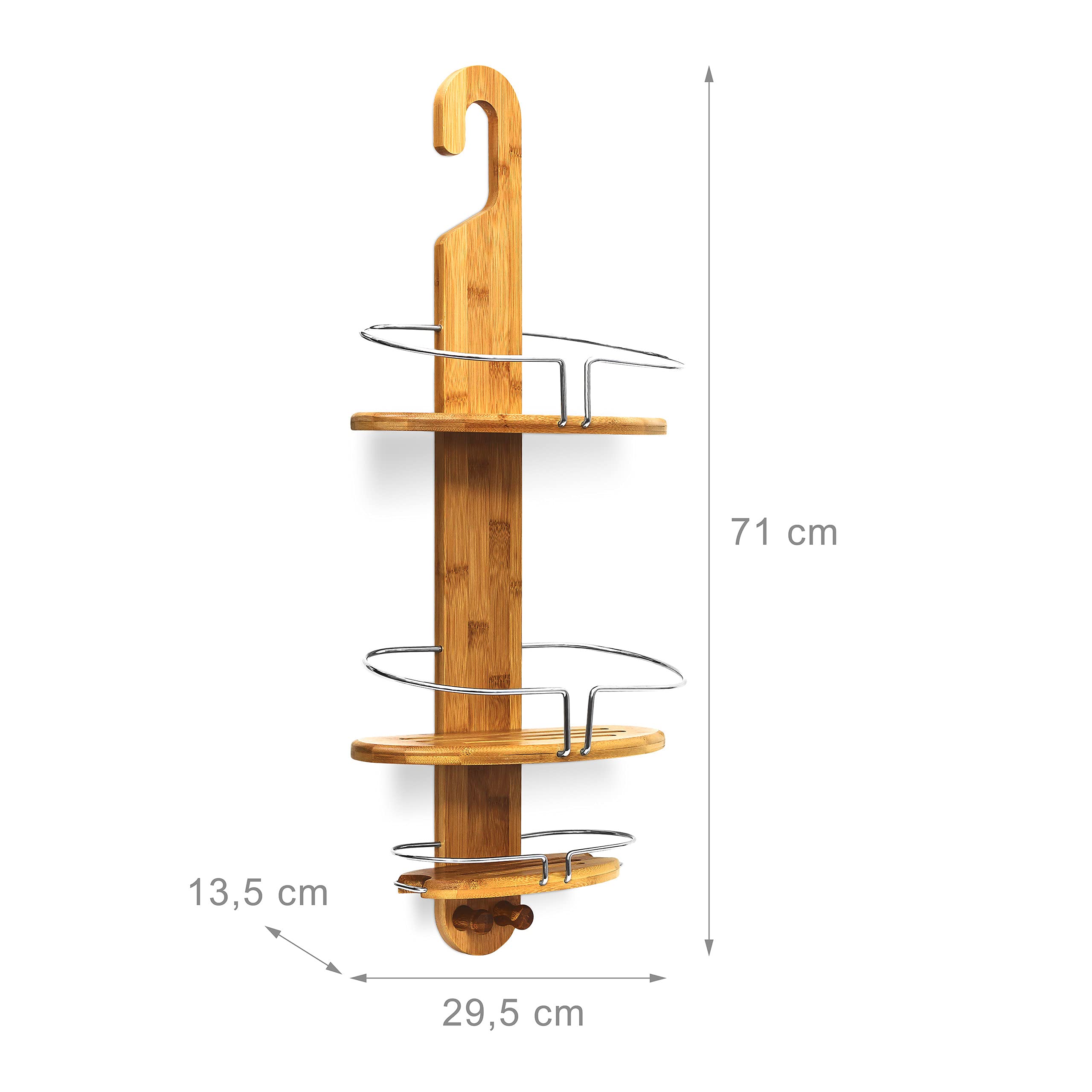 Relaxdays Duschregal aus Bambus zum Einhngen HxBxT: ca. 71 x 29,5 x 13,5cm  Badregal mit 3 Ablagen und 2 Haken aus feuchtigkeitsresistentem Holz  Hngeregal fr die Dusche praktische Duschablage, natur : Amazon.de: