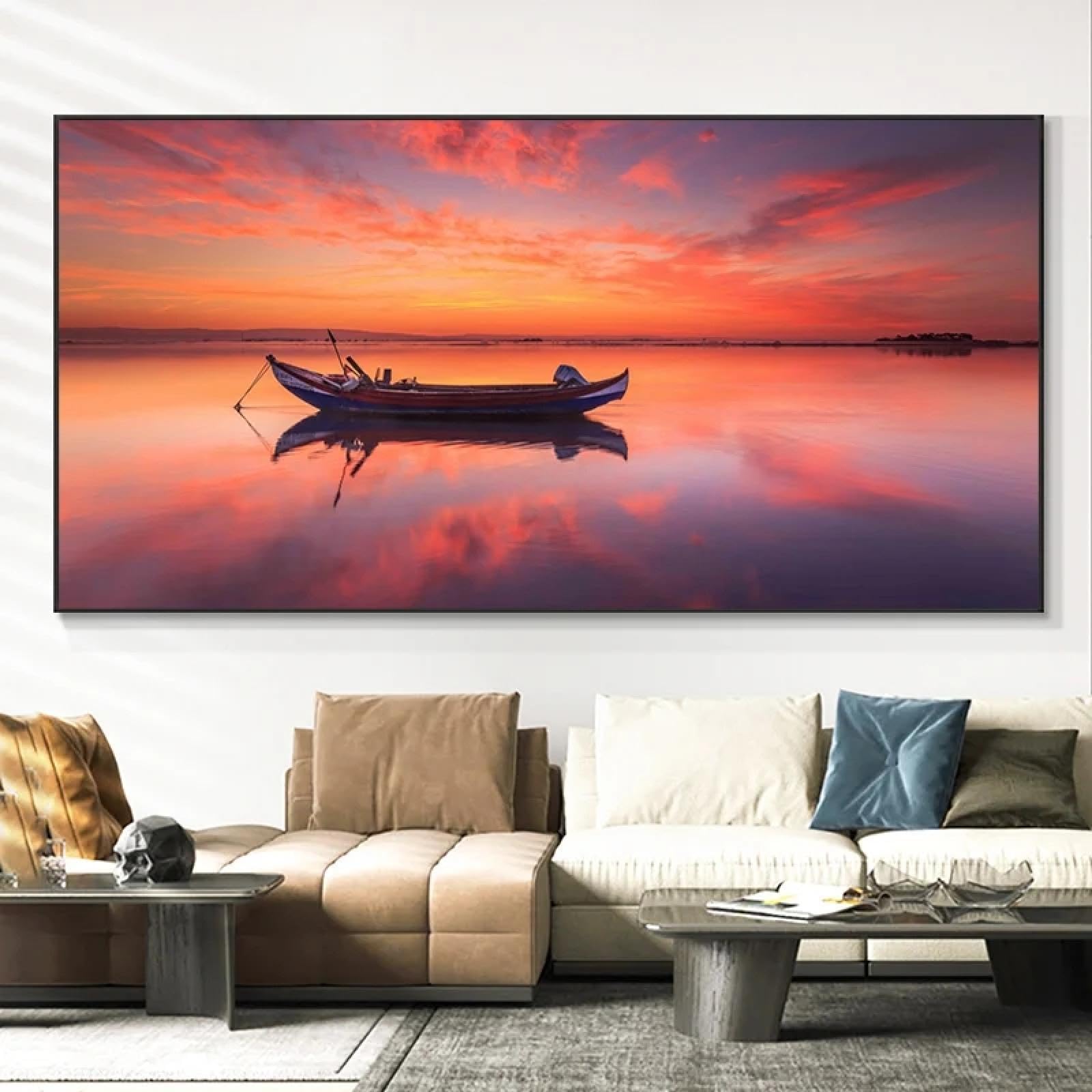 Große gerahmte Leinwand-Wandkunst, Sonnenaufgang, Meer, Holz, Boot, Landschaftsgemälde, Wohnzimmer, Ozean-Skyline und Sonnenuntergang, Wandbild, 70 x 150 cm (28 x 59 Zoll), mit schwarzem Rahmen