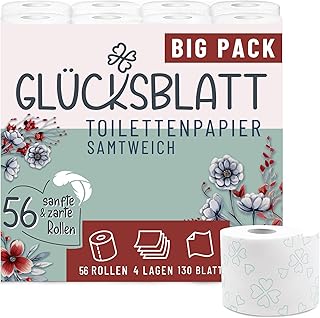 Glücksblatt Toilettenpapier SAMTWEICH mit Vanilleduft, 4-lagig, 56 Rollen x 130 Blatt, 100% Zellstoff, superweiches Klopapier mit Glücks-Prägung, WC Papier, Verpackung aus mind. 30% PCR