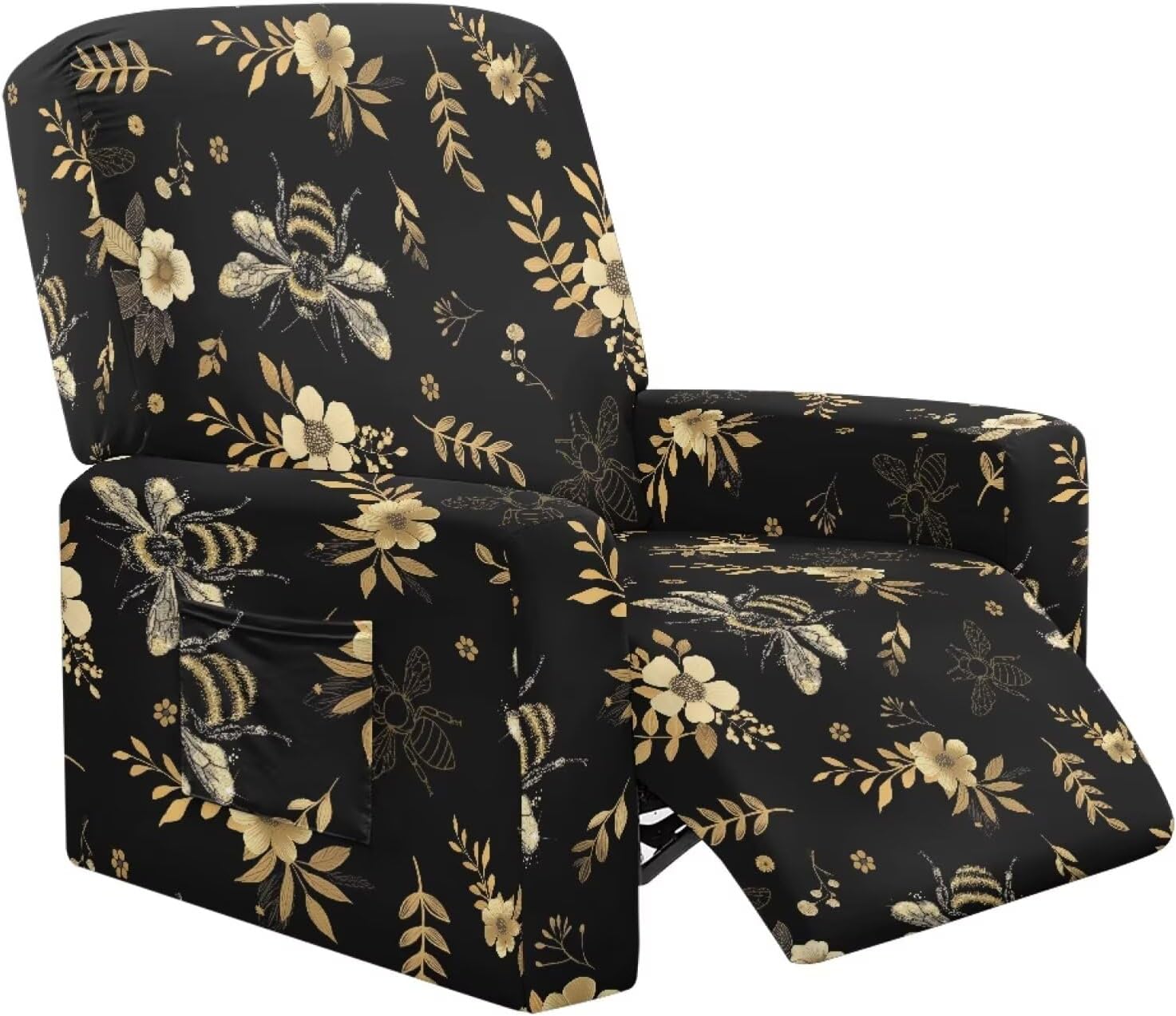 Bees Flower Print Recliner Slipcover Lazy Boy Recliner Chair Cover 4 Piece Stretch Reclining Couch Covers Anti Slip Reclining Covers with Pocket Furniture Protector for Dog Kids