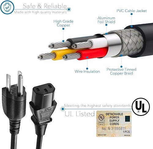 Miniatura 2 de Chanzon Cable de alimentación de CA de 3610 pies con certificación UL de 3 clavijas para computadora personal, Vizio, monitor de PC, plasma bravia