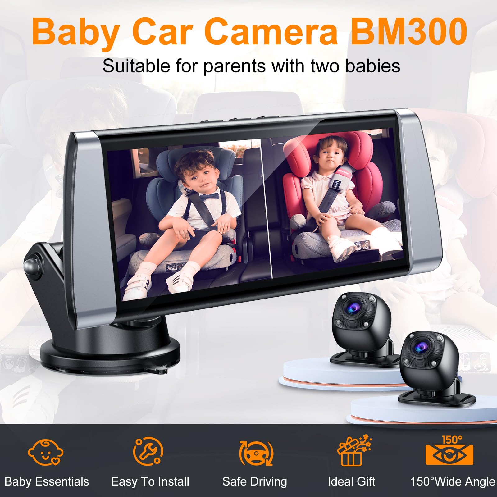 BOEYOS Baby Car Camera, Dual Channel 6.86 inch Display with 2 IR Night Vision Camera, Night Vision, Wide Clear View, Easily Observe The Baby's Move, Safe Driving for New Parents (Grey)