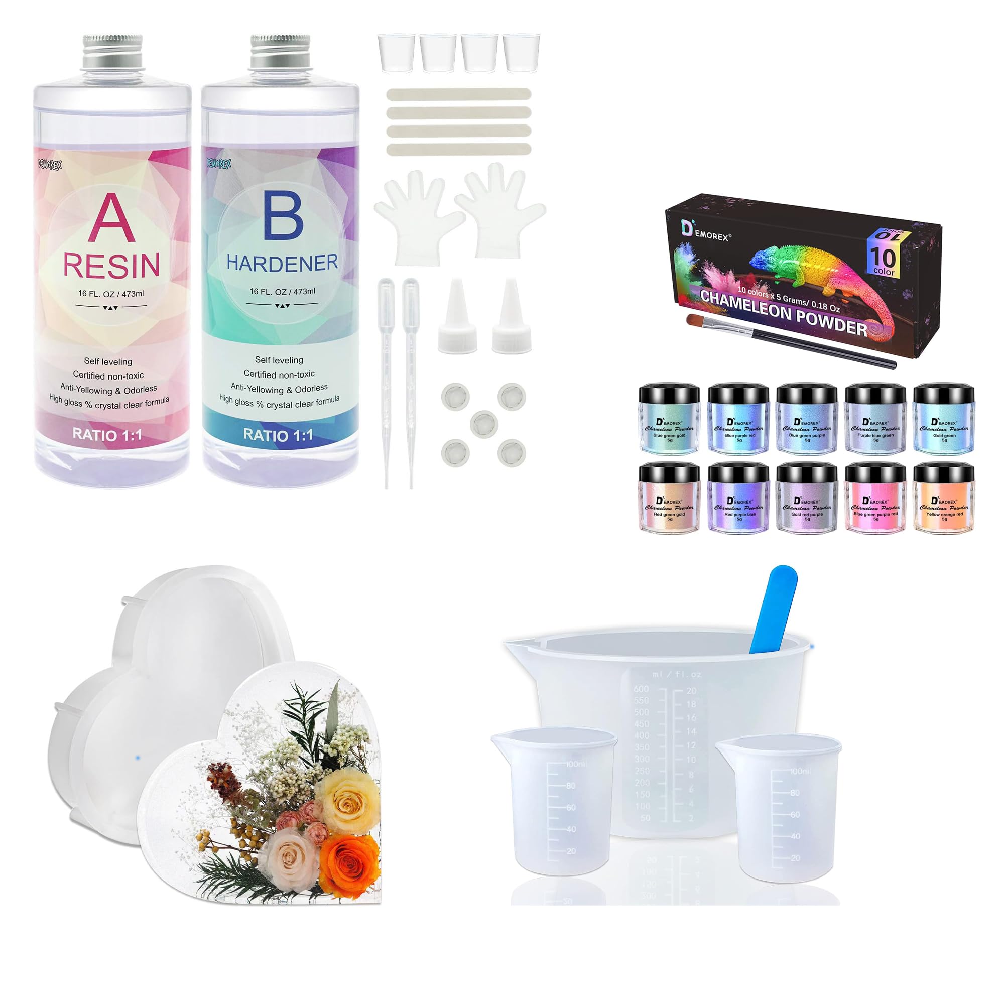 32OZ Epoxy Resin Kit with Silicone cips, Mixing Tools, Large Silicone Heart Resin Mold, and Mica Powder Full Set for Anniversay, Canvas, Begainers