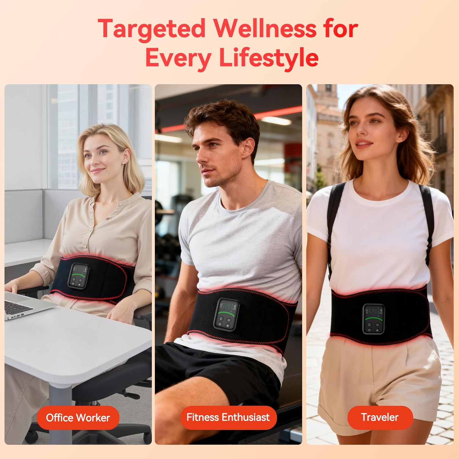 Red Light Therapy Belt for Body Back & Abdomen, 5000mAh Cordless Infrared Waist Wrap with 10Hz/40Hz Pulse, 3 Red Light & Vibration Massage, Portable Gift for Parents & Seniors - Image 5