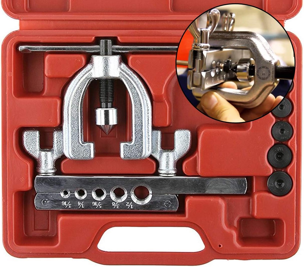 Double Flaring Tool Kit for Auto Brake Line - for Copper, Aluminum, Soft Steel Brake Line and Brass Tubing - Automotive Break Line Flare Repair Kit - 10 Piece Universal Tool Kit - Metric Sizing Set