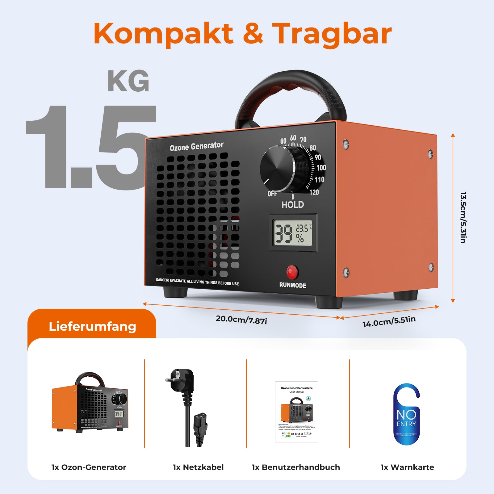 Ozongenerator - 120000 mg/H Ozongerät bis zu 320 ㎡ mit Temperatur- und Feuchtigkeitsanzeige, 120-Minuten-Timer, O3 Ozon Luftreiniger für Auto Garagen Wohnung Hotels Küche Haustiere, Reinigen Gerüche