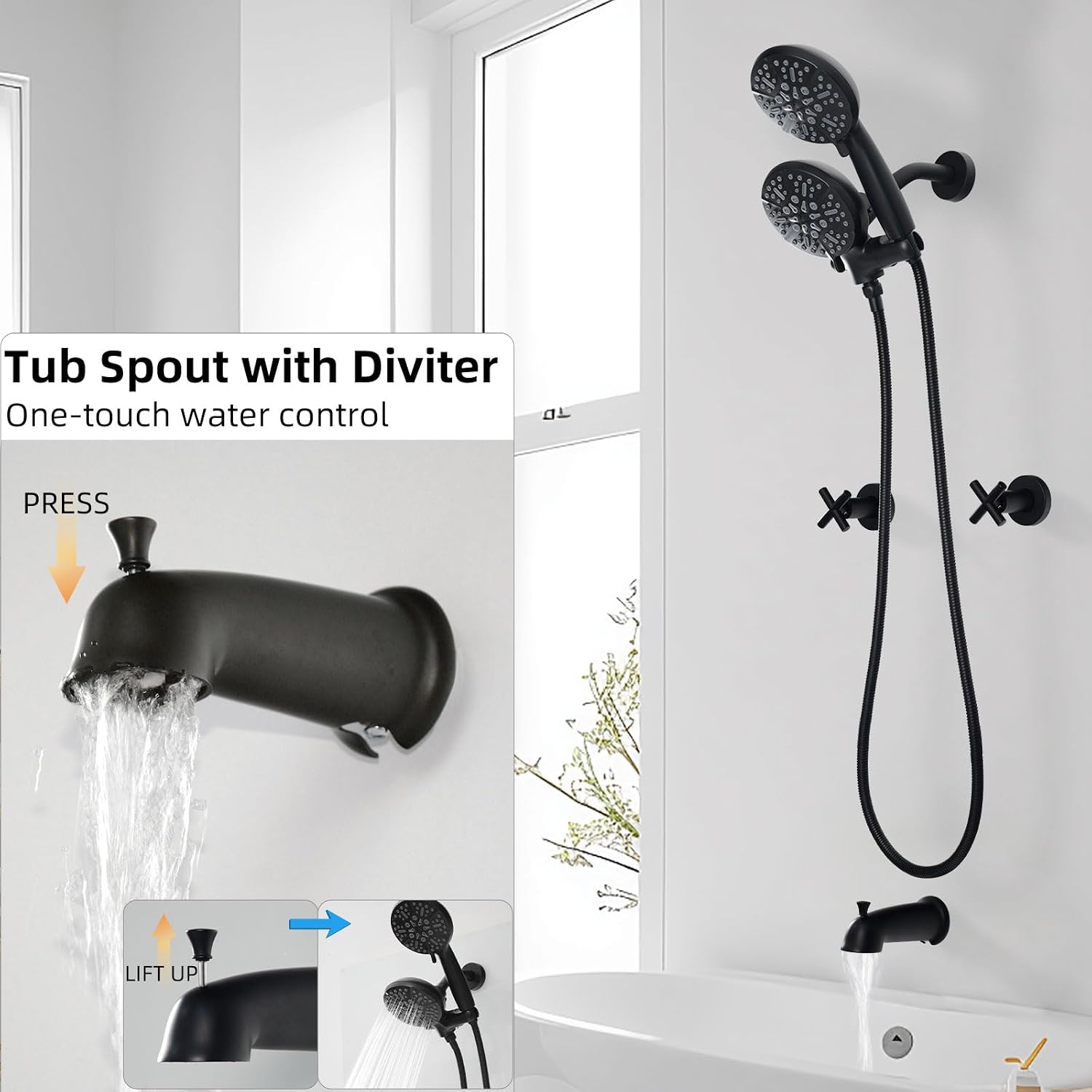 2 Handle Shower Faucet Set with Handheld Shower Head,Dual 2 in 1 Shower Head System with Tub Spout,2 Knobs Tub and Shower Faucet Set with Valve,Wall Mounted Shower Combo Set,Matte Black,3A3MK