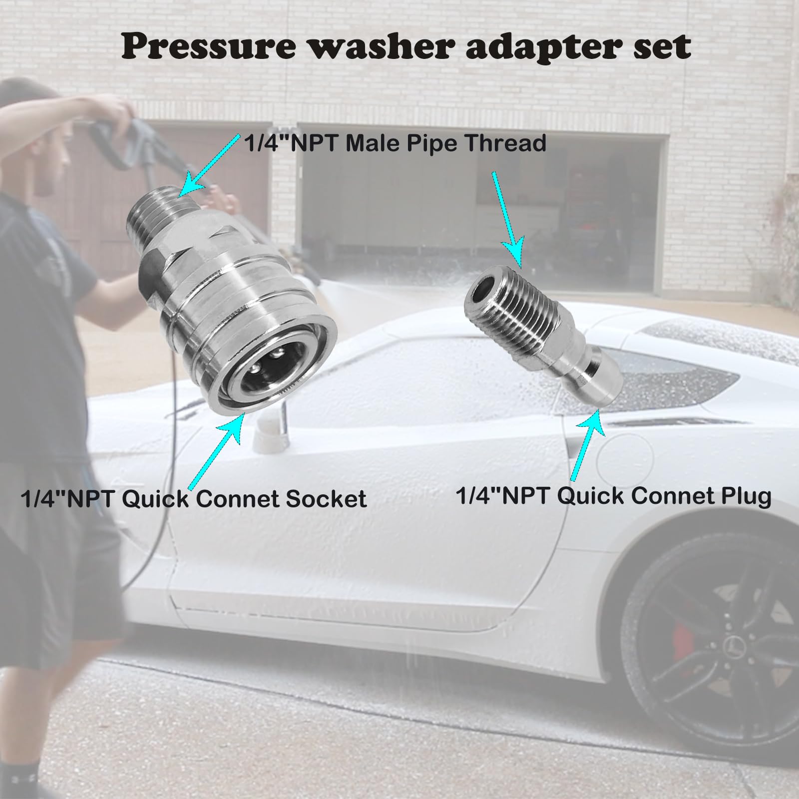 Juego de accesorios de lavado a presión de conexión rápida de 1/4 pulgadas, juego de adaptadores de lavadora a presión de acero inoxidable con NPT hembra y macho de 1/4 pulgadas