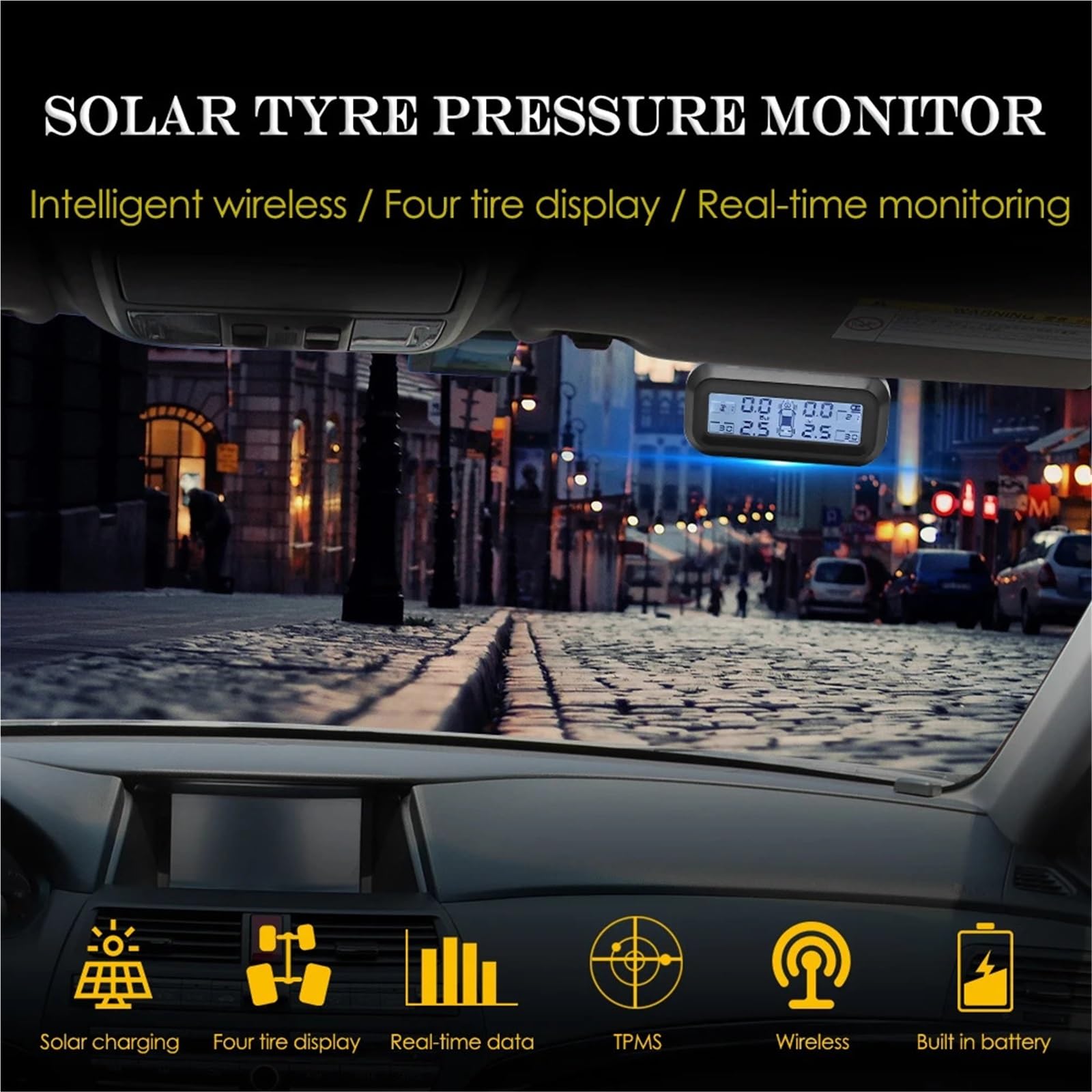 Monitoreo Presión Neumáticos TPMS para LCD Digital, Sistemas Alarma Seguridad para Automóviles, Sensor Externo Medidor Digital de Presión de Neumáticos(Black White Internal)