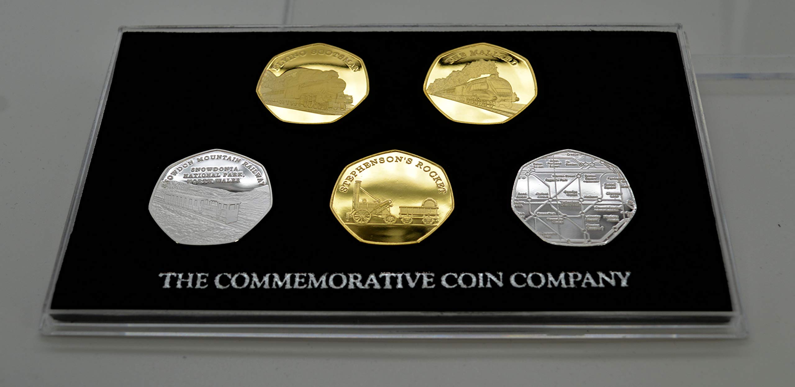 Set of RAILWAY & STEAM TRAIN LOCOMOTIVES Fine Silver & 24ct Gold Commemoratives in Acrylic Glass 50p Display Case