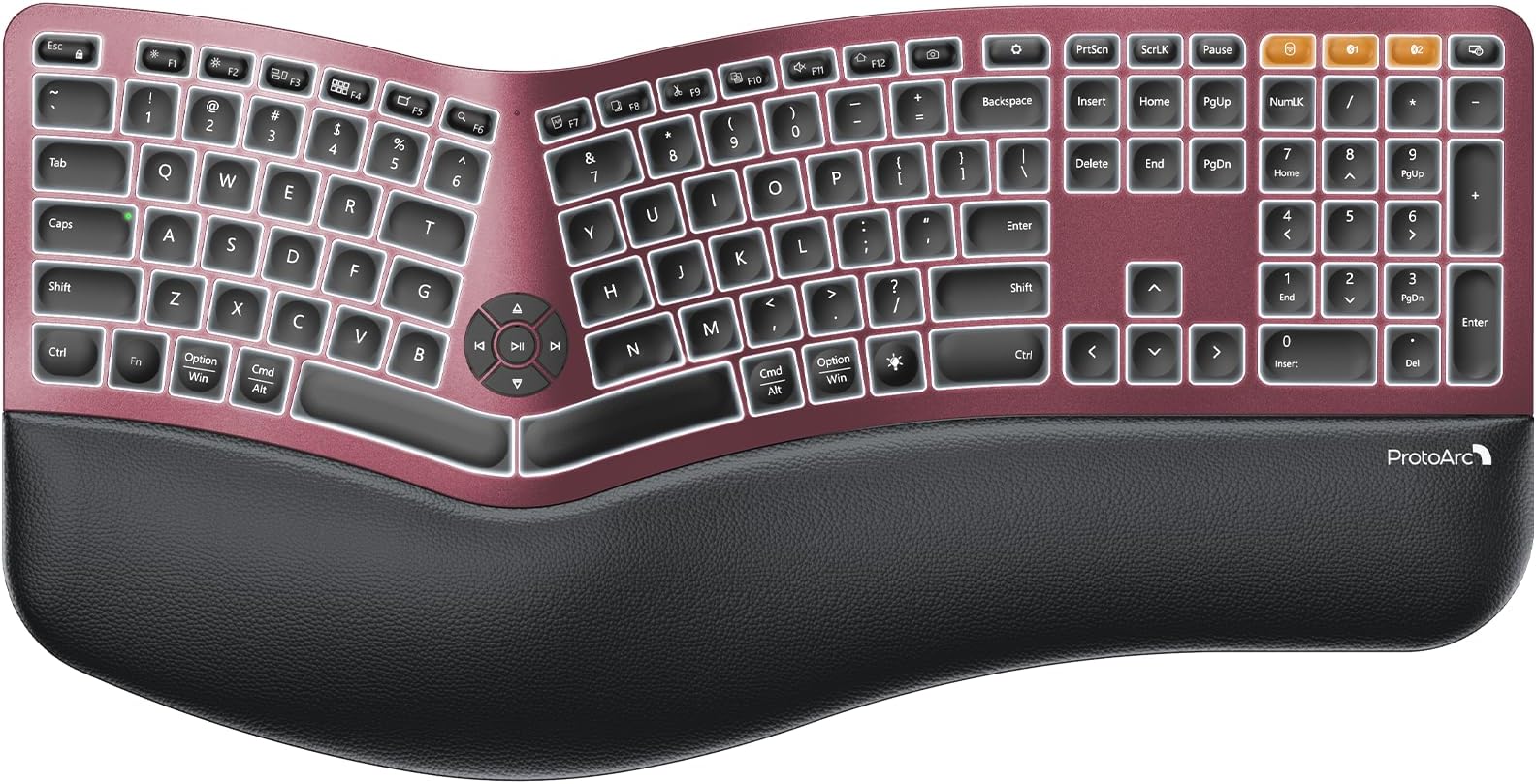 ProtoArc Backlit Wireless Ergonomic Keyboard, EK01 Plus Full Size Ergo Keyboard with Wrist Rest, Split Design, Rechargeable, Bluetooth and USB, Natural Typing for Windows/Mac/Android, Wine Red