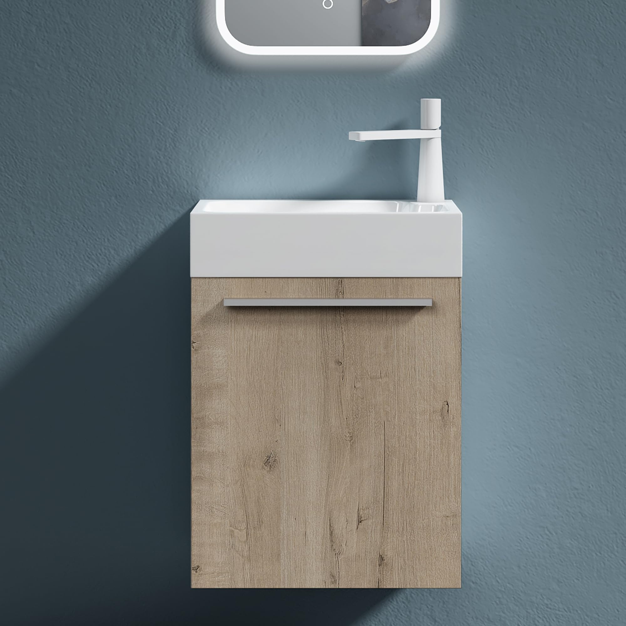 doporro Badezimmer-Set Waschplatz Badmöbel-Set Gäste WC Waschbecken Waschtisch mit Unterschrank in Eiche Greige Waschbeckenunterschrank 46x26x63cm Pisa