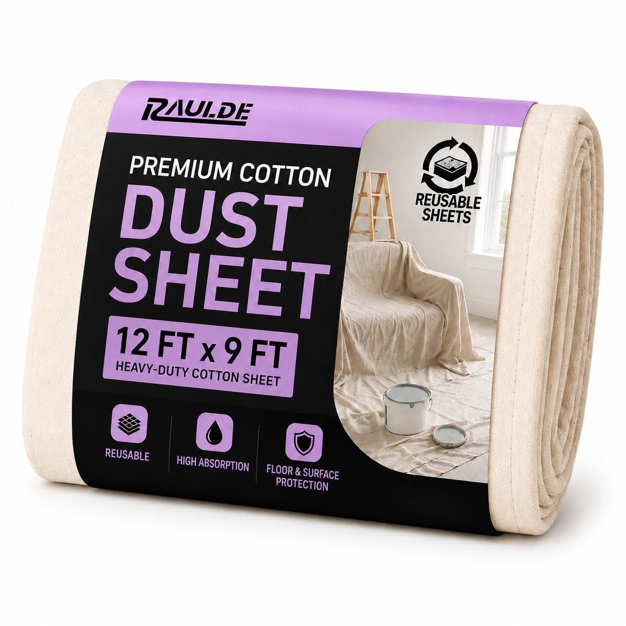 Raulde Cotton Dust Sheet 12x9FT – Heavy Duty Reusable Dust Sheets for Decorating – Waterproof Floor Protection Sheet for Painting, Furniture Cover & DIY - Drop Cloth
