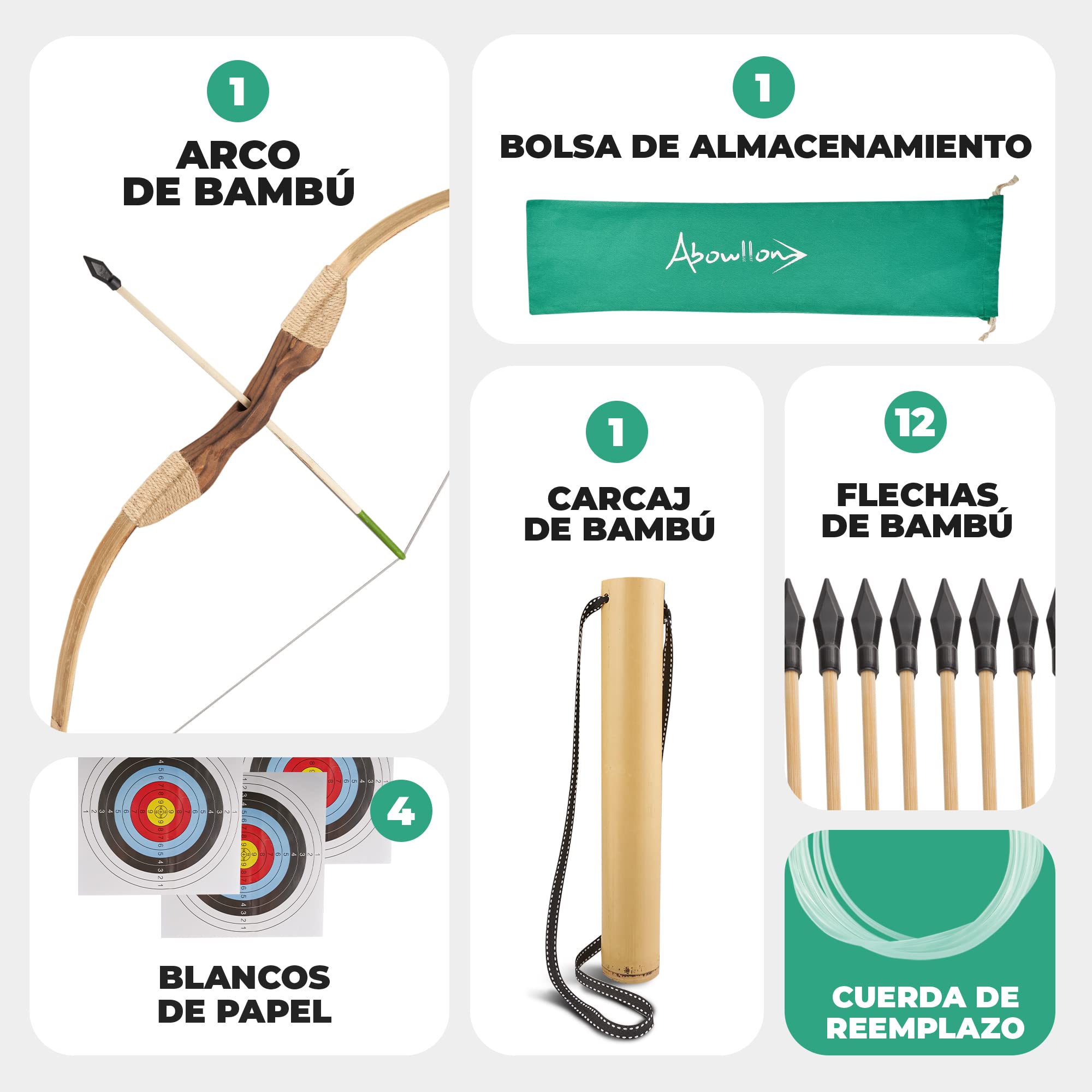 Set de Arco y Flechas de Madera con 12 Flechas, Carcaj, Bolsa de Almacenamiento & 4 Dianas | Arco para Principiantes, Equipamiento Deportivo al Aire Libre para Jóvenes