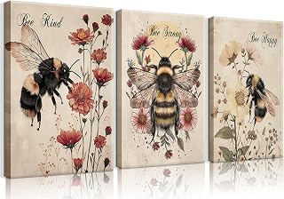 3Pcs Vintage Bee Floral Canvas Wall Art Strong Happy Kind Inspirational Poster Print Wall Decor Funny Insect Painting Picture Suitable for Living Room Bedroom Home Decoration (12x16in Canvas)