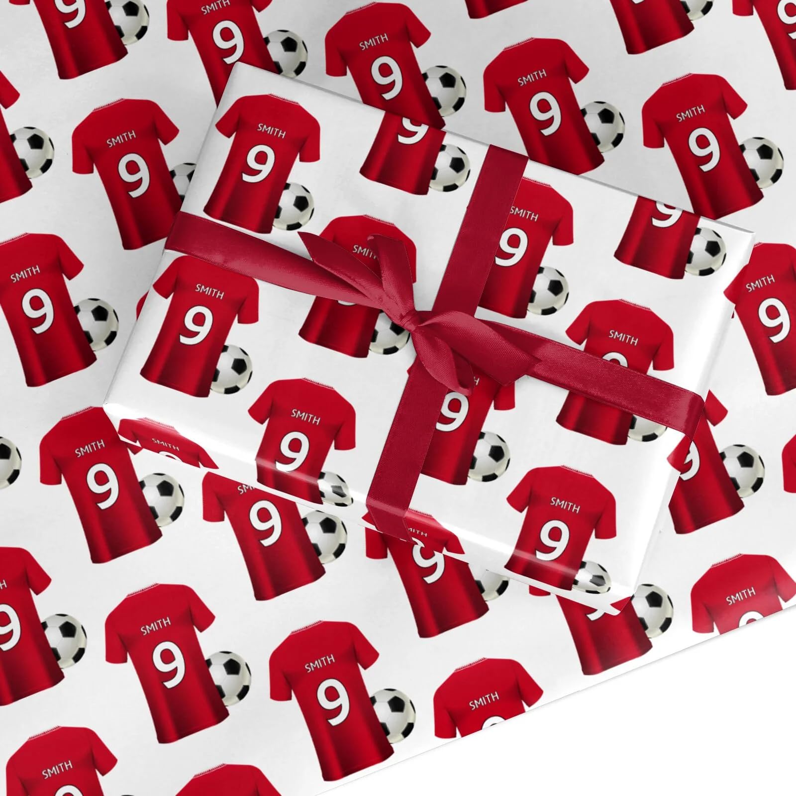 Red Personalised Football Shirt Wrapping Paper Custom Birthday Gift Wrap - For Him Mens Dad Father's Day Christmas Boys Kids Adult - Any Name & Number - 3 Sheets (50cm x 65cm each)