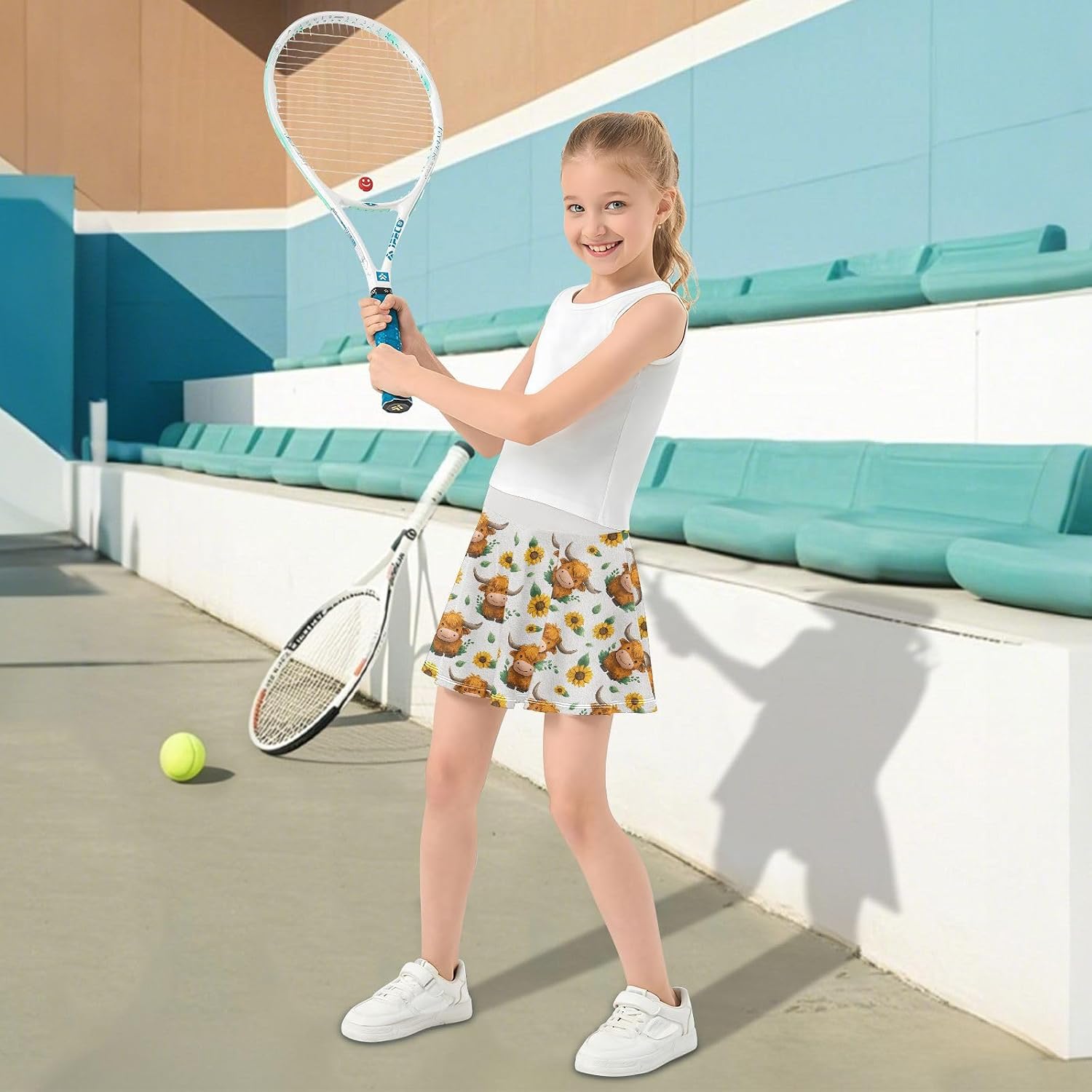 visesunny Cute Cow Sunflower Girl's Golf Skirt Athletic Tennis Skort Sport Activewear with Double Layer Pockets