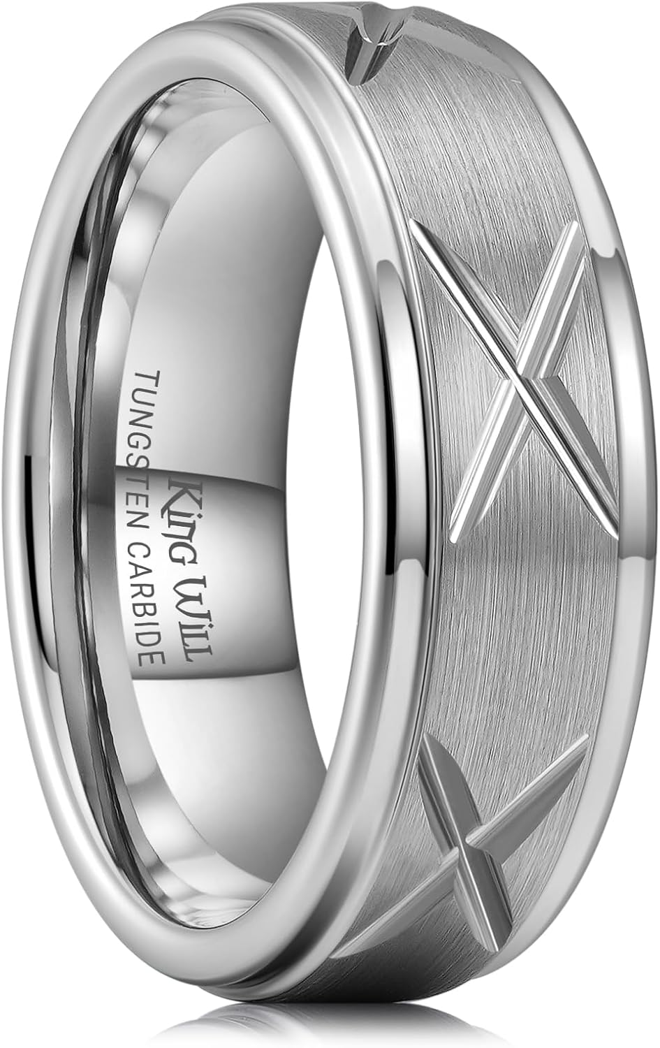 King Will Men's 7mm/8mm Tungsten Carbide Wedding Band, Step Edge Grooved Silver Gold Ring with Laser Geometric Pattern Triangles, Engagement Jewelry Comfort Fit Size 7-14