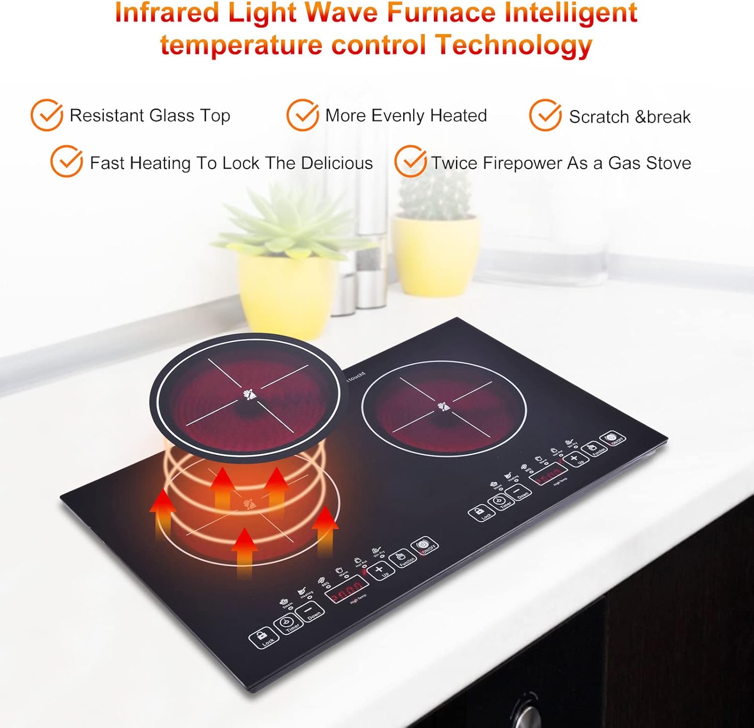 24 inch 2 Burners Electric Cooktop 110V Ceramic Electric Stove with 2 Cooktops 2200W Ajustable portable Electric Cooktop for Cooking(2 Burner Countertop)