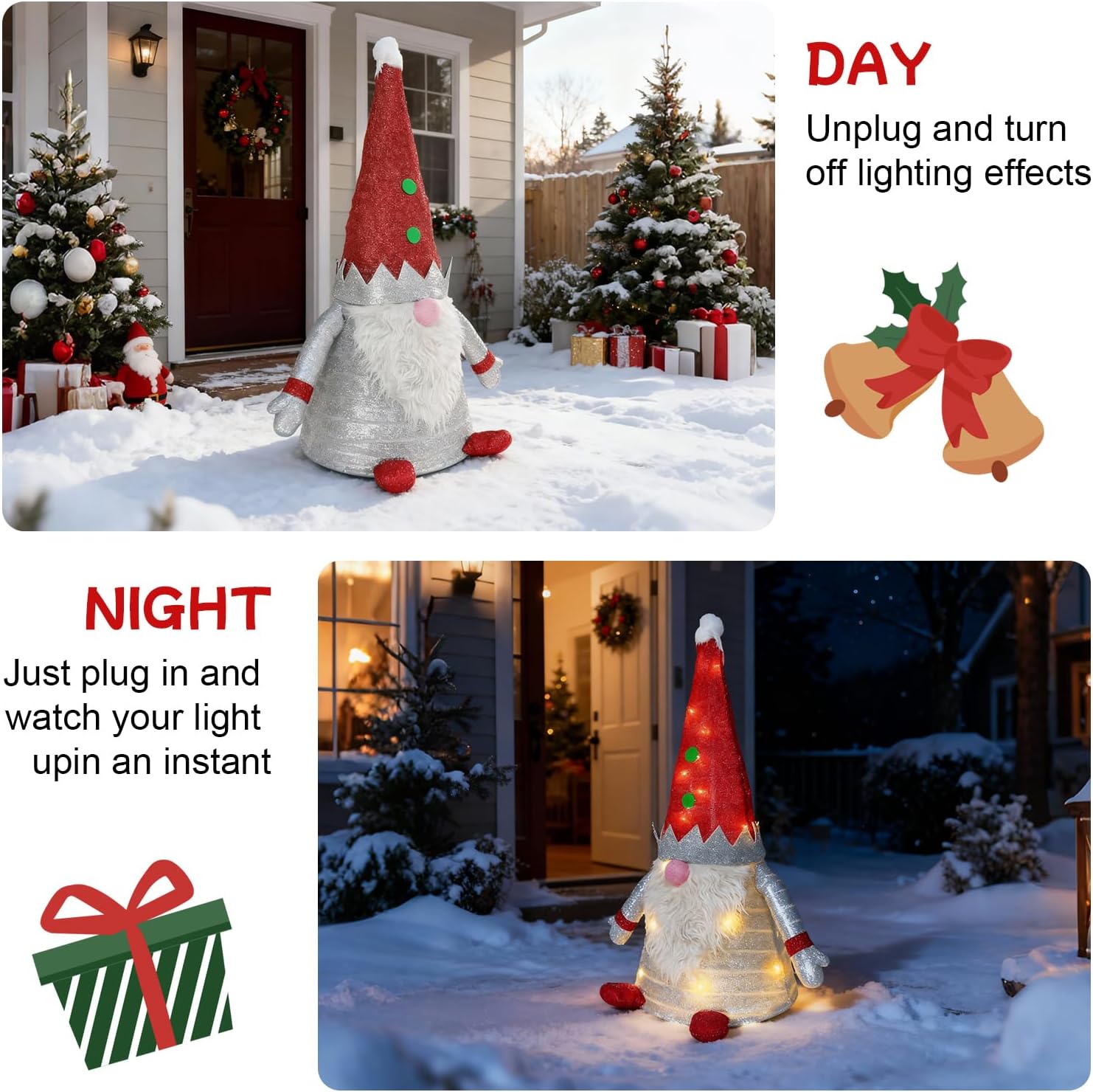 Light Up Christmas Gnome Decoration 37" - Outdoor LED Illuminated Holiday Decor with Warm White Lights, Weatherproof for Porch/Garden - Always-On Festive Yard Figure-White