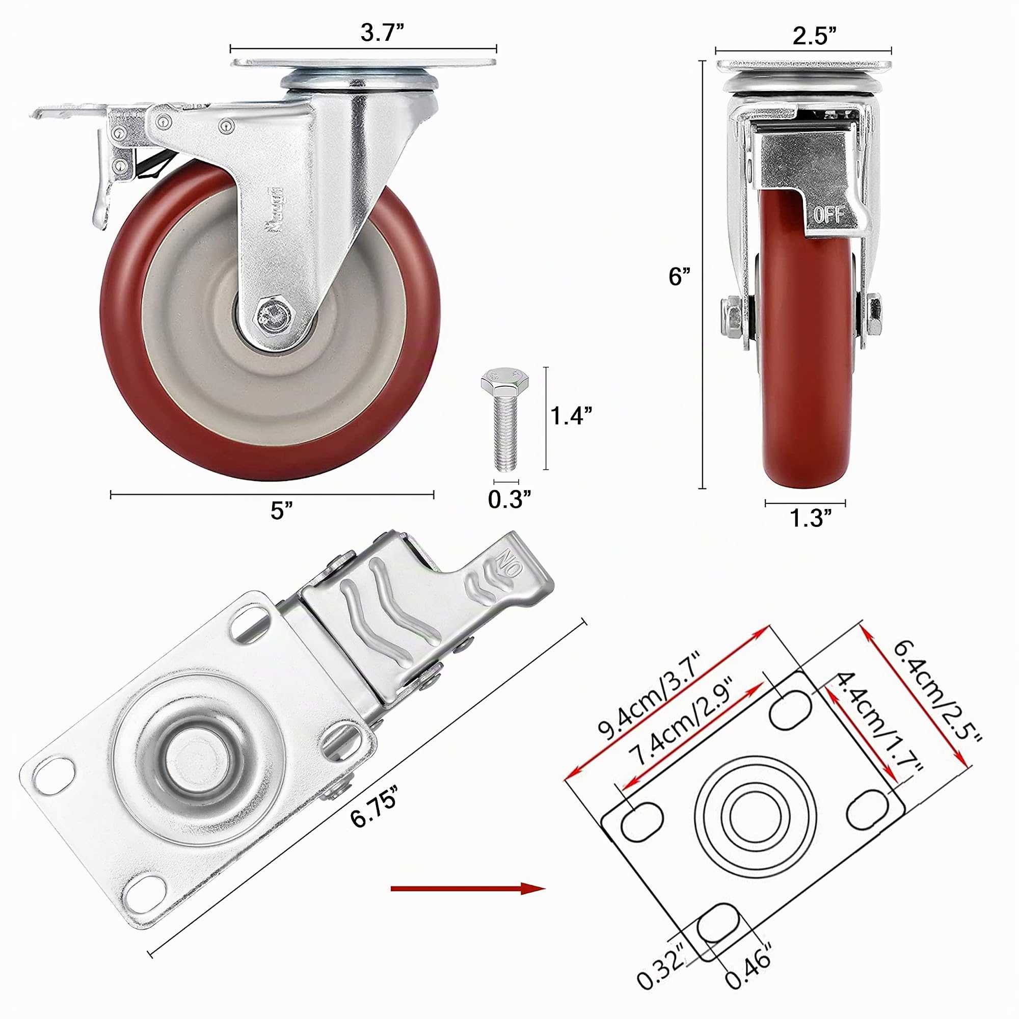 Ruedas para Muebles Pesados con 4 Freno + Tornillos - 127 mm Hasta 1000 kg - 4 Ruedas que No Dejan Marcas de Alta Resistencia - Ruedas Giratorias para Palets Engomadas