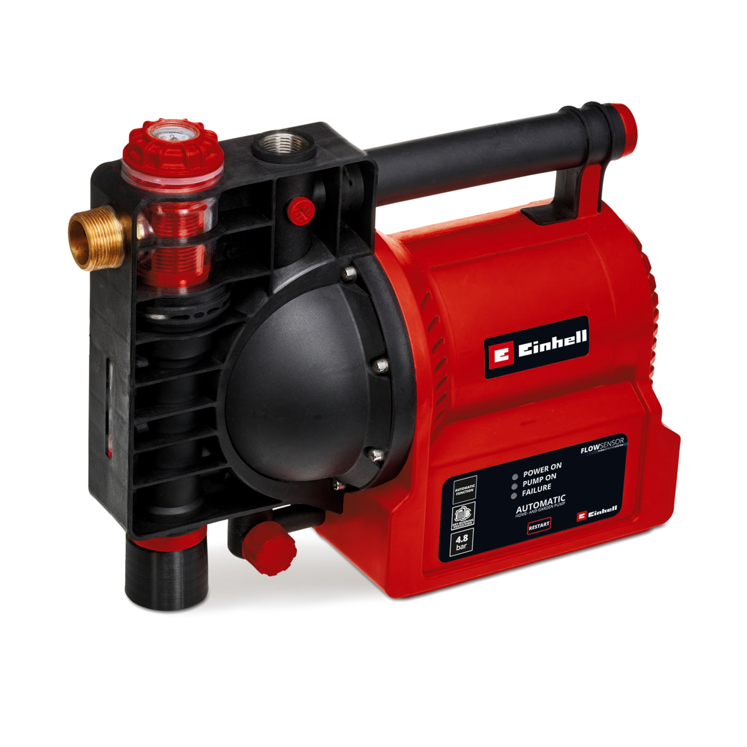 Einhell Hauswasserautomat GE-AW 1142 FS (1100 Watt, 4200 L/h Fördermenge, Automatikfunktion, max. 4,8 bar Druck, max. 48 m Förderhöhe, 8 m Ansaughöhe, Flow-Sensor, LED-Anzeige)