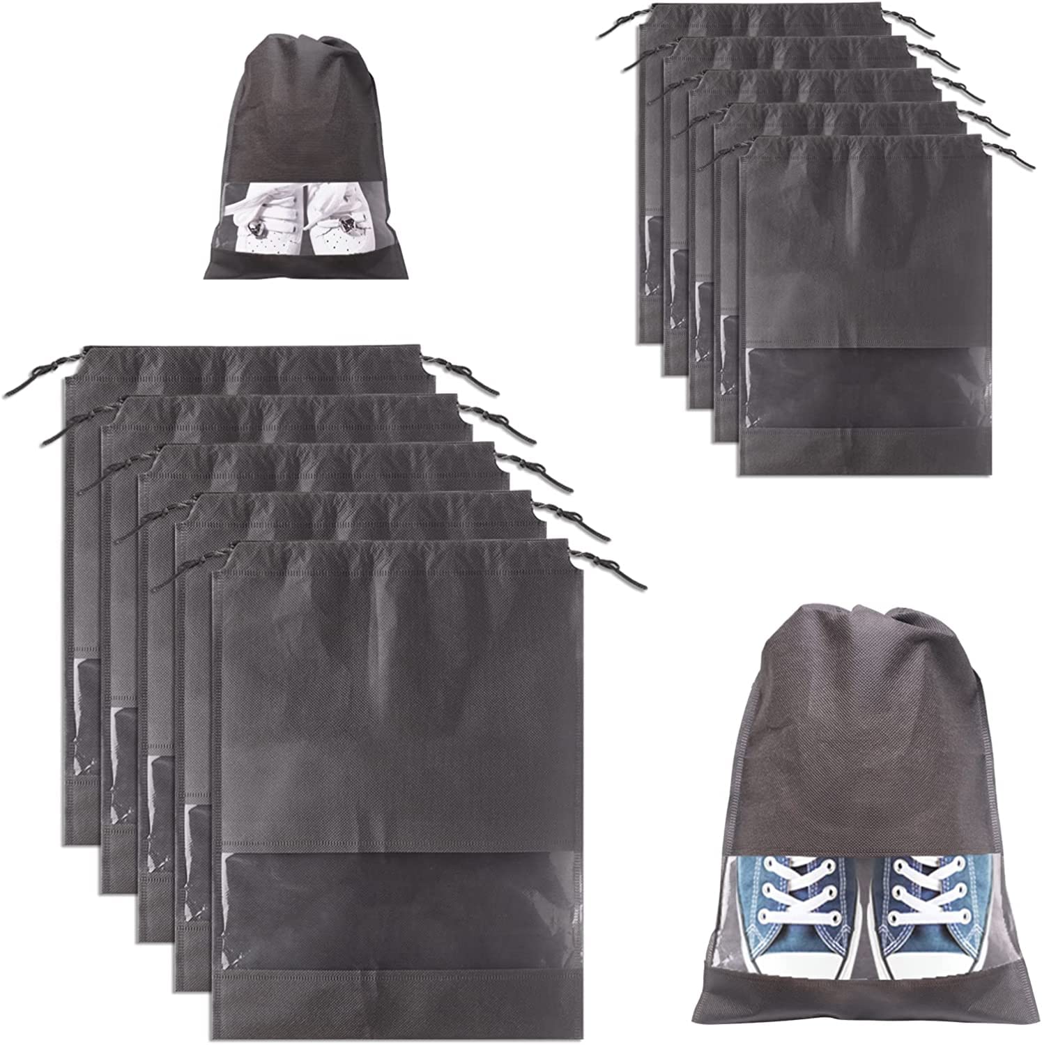 Lovesmile Torba na buty, 10 sztuk, włóknina, zapięcie na sznurek, szare, 2 różne rozmiary, pyłoszczelne, wodoodporne, lekkie, przezroczyste okienko, 10 szt, Szary, Czas wolny