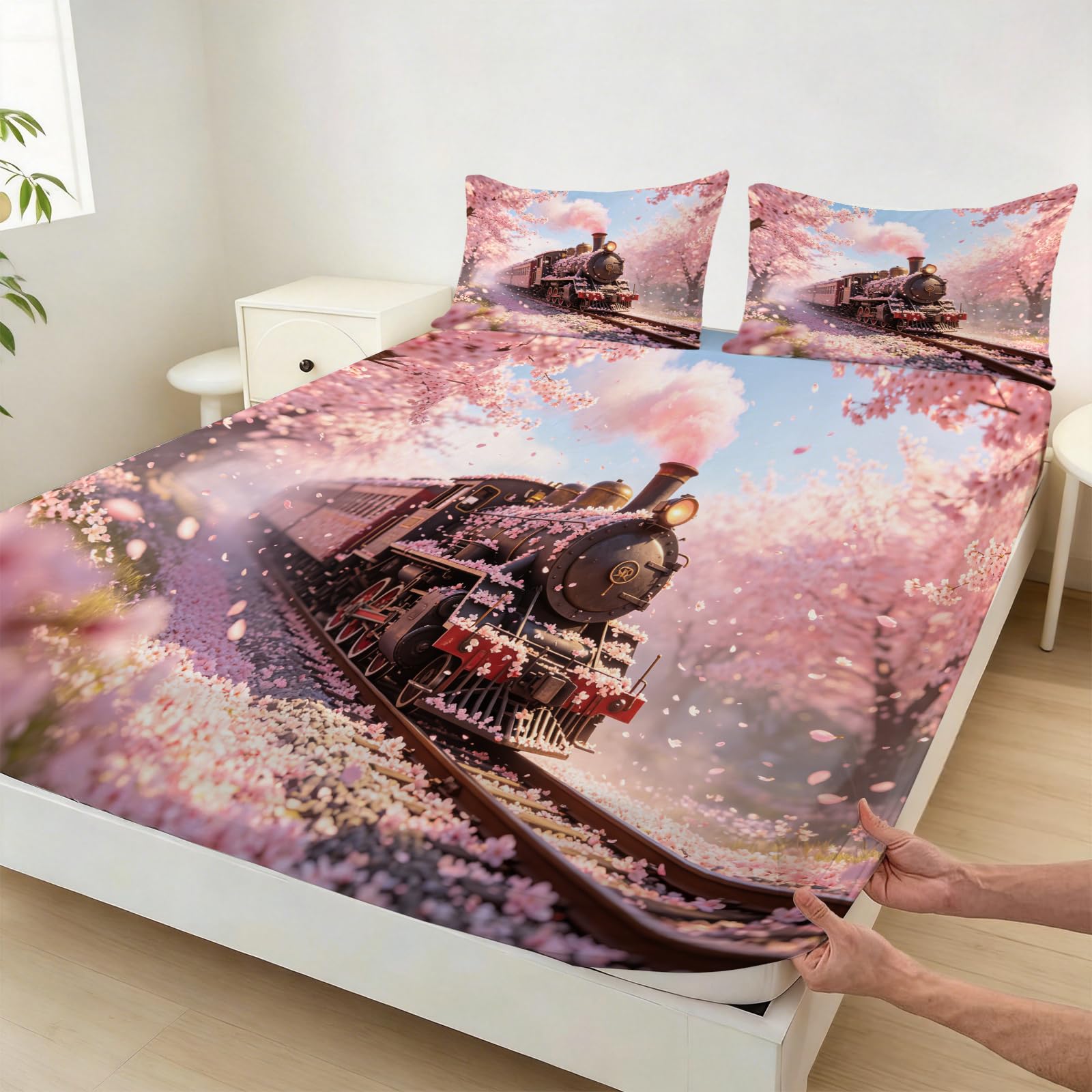 Sábana Bajera Ajustable 150 x 200 Flor de Cerezo Tren Retro