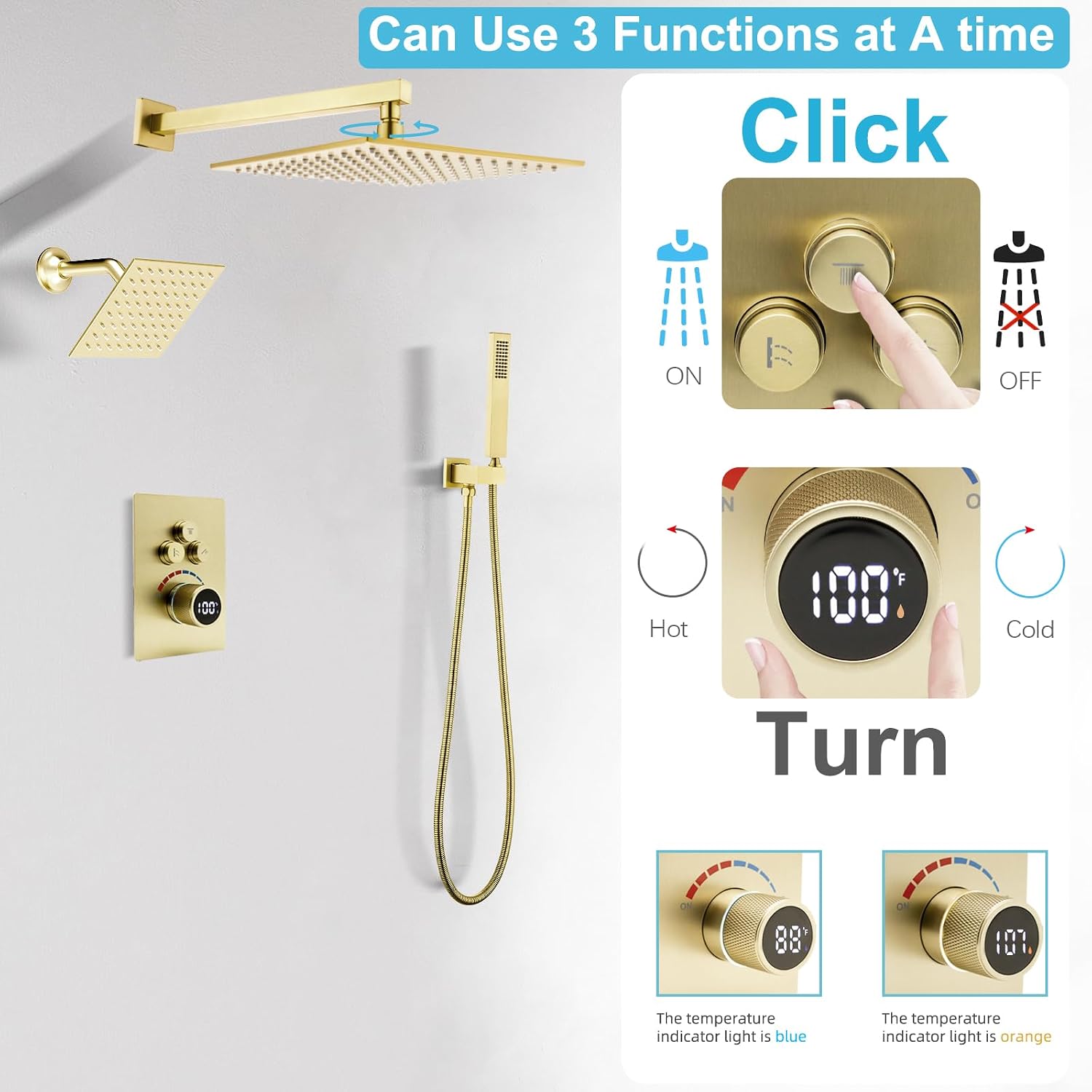 Digital Display Dual Head Shower system Rain Shower System Shower Wall Mount 10 Inch Ceiling Shower Head with 6 Inch Shower Head with shower handheld(Brushed Gold)