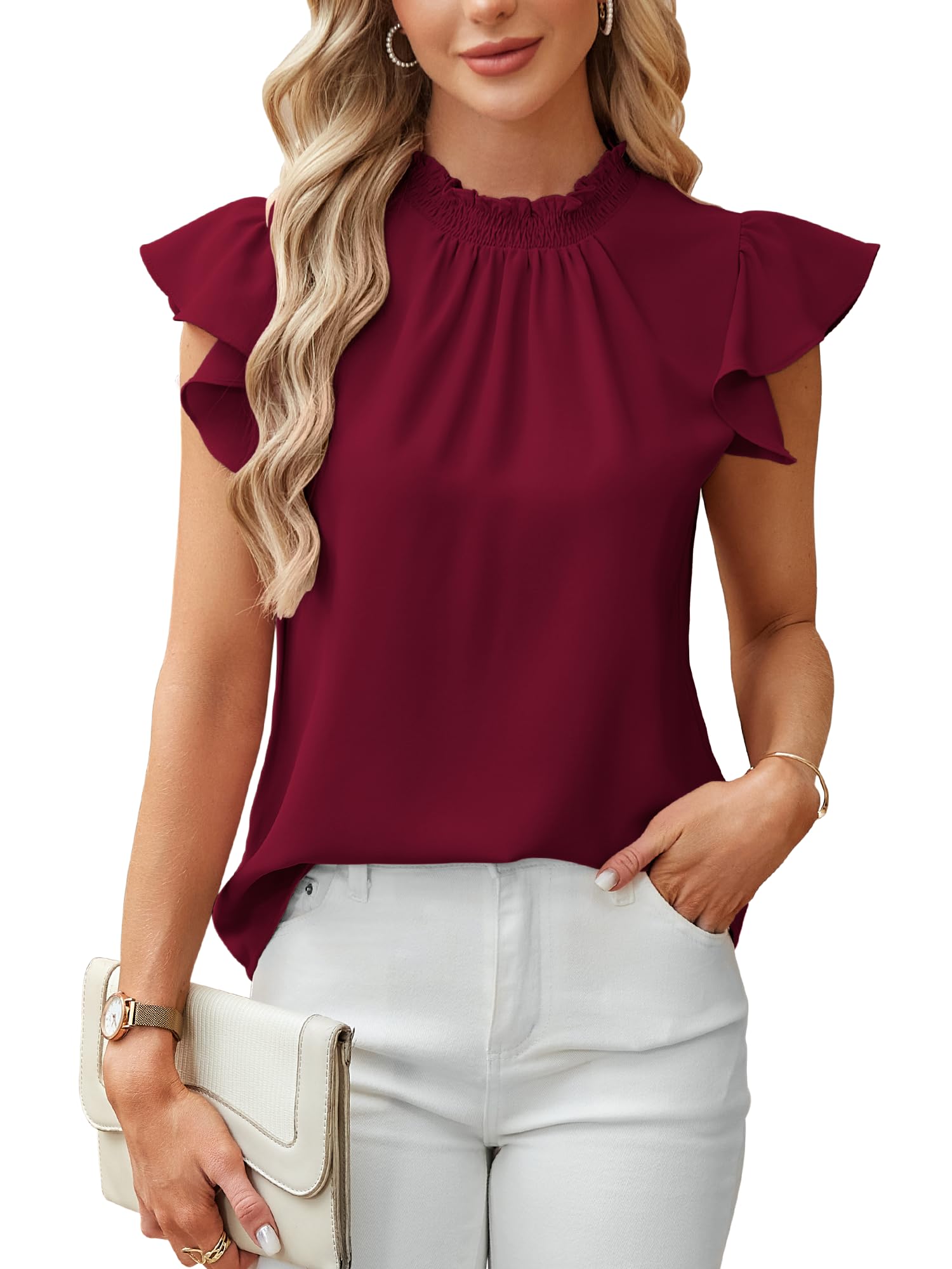 Toplop Tshirt Damen Sommer Kurzarm Rüschenärmel Bluse Shirt Elegant Mock Neck Oberteil Tunika Tops