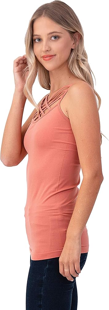 Women Sexy Criss Cross Strips Camisole Tank Top (ASH Rose, Small