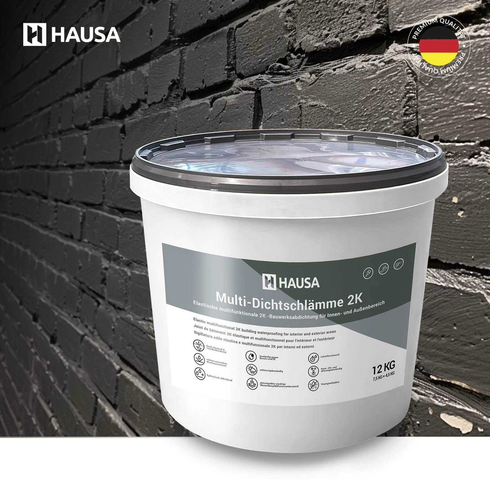HAUSA Multi-Dichtschlämme 2K 12kg elastische 2K Dichtmasse für Innen- und Außen, Abdichtung von Schwimmbad Pool Betonbecken Balkon Terrasse Bad Keller Dusche, druckwasserdicht lösungsmittelfrei
