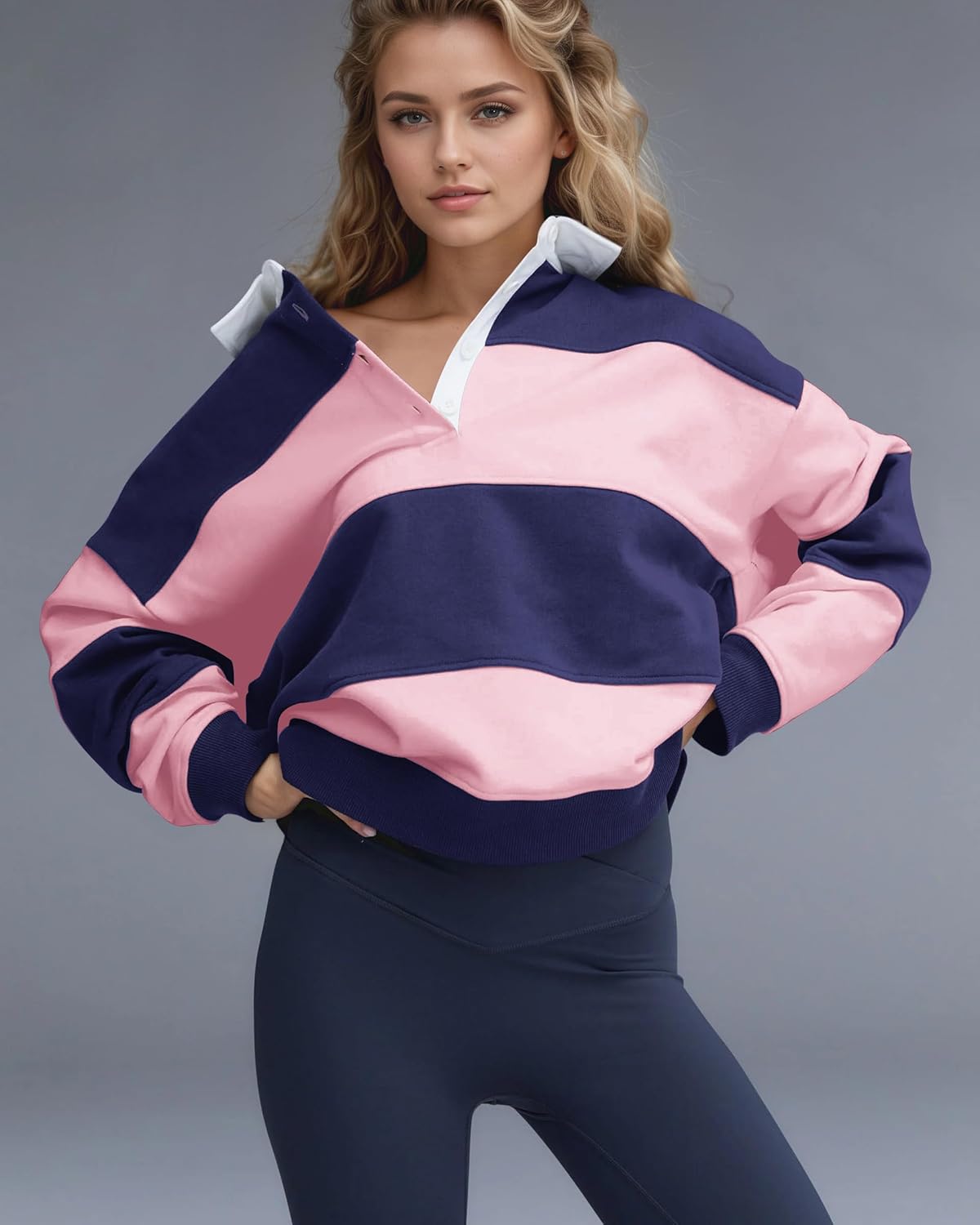 Women Striped Color Block Polo Sweatshirt Lapel Collared Long Sleeve Oversized Rugby Shirt 2025 Trendy Fall Clothes - Image 2