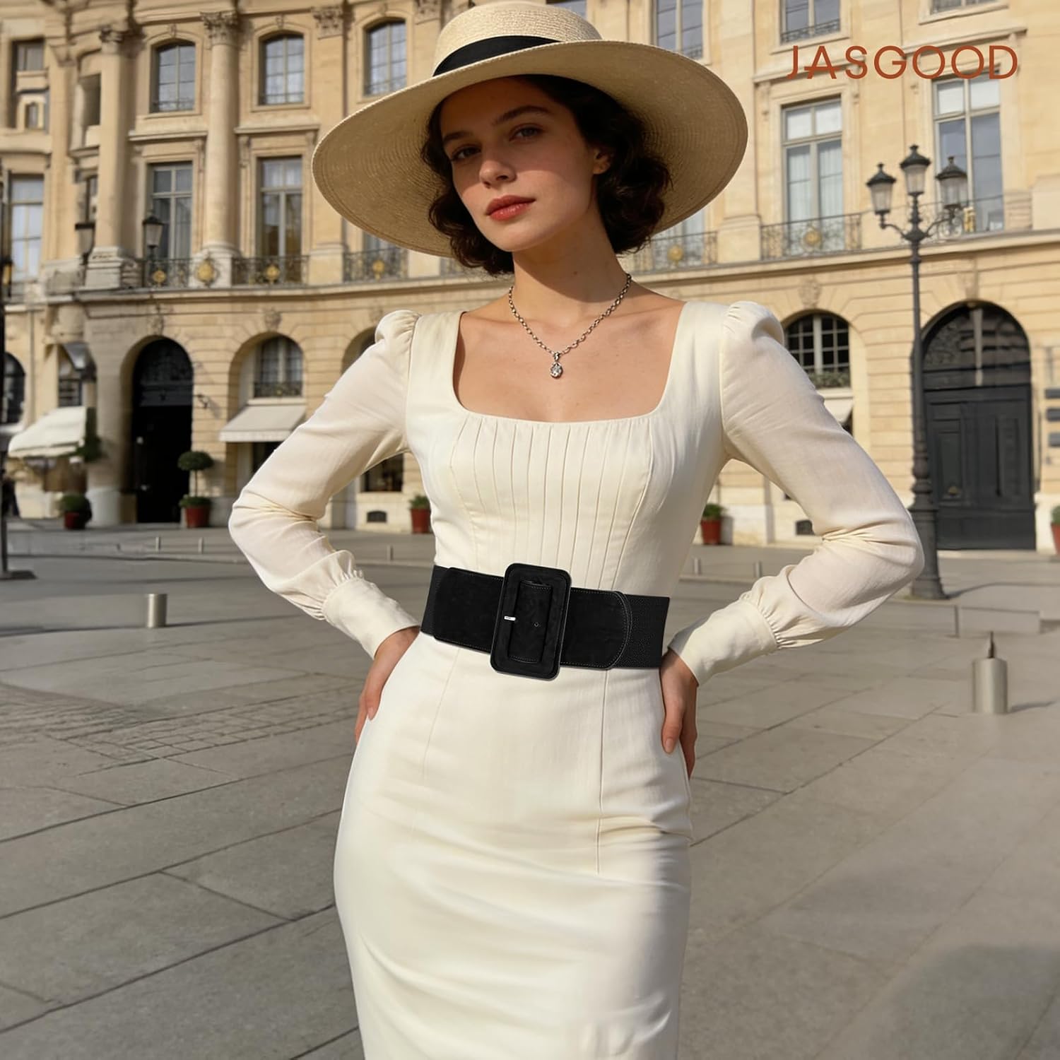 JASGOOD Women Wide Stretchy Belt for Dress Wide Suede Elastic Belt with Vintage Chunky Square Buckle - Image 3