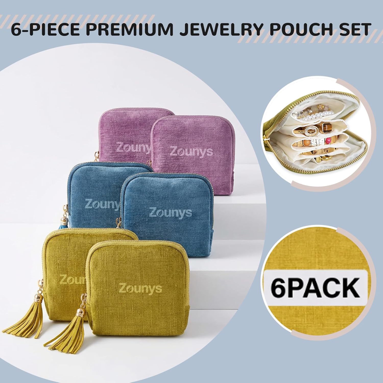 6Pack Multi Layer Jewelry Pouch, Travel Jewelry Pouch Organizer Set, Jewelry Pouch for Traveling with TasselZipper, Small Travel Jewelry Bag for BraceletRing Earring Storage (Yellow Purple Blue)