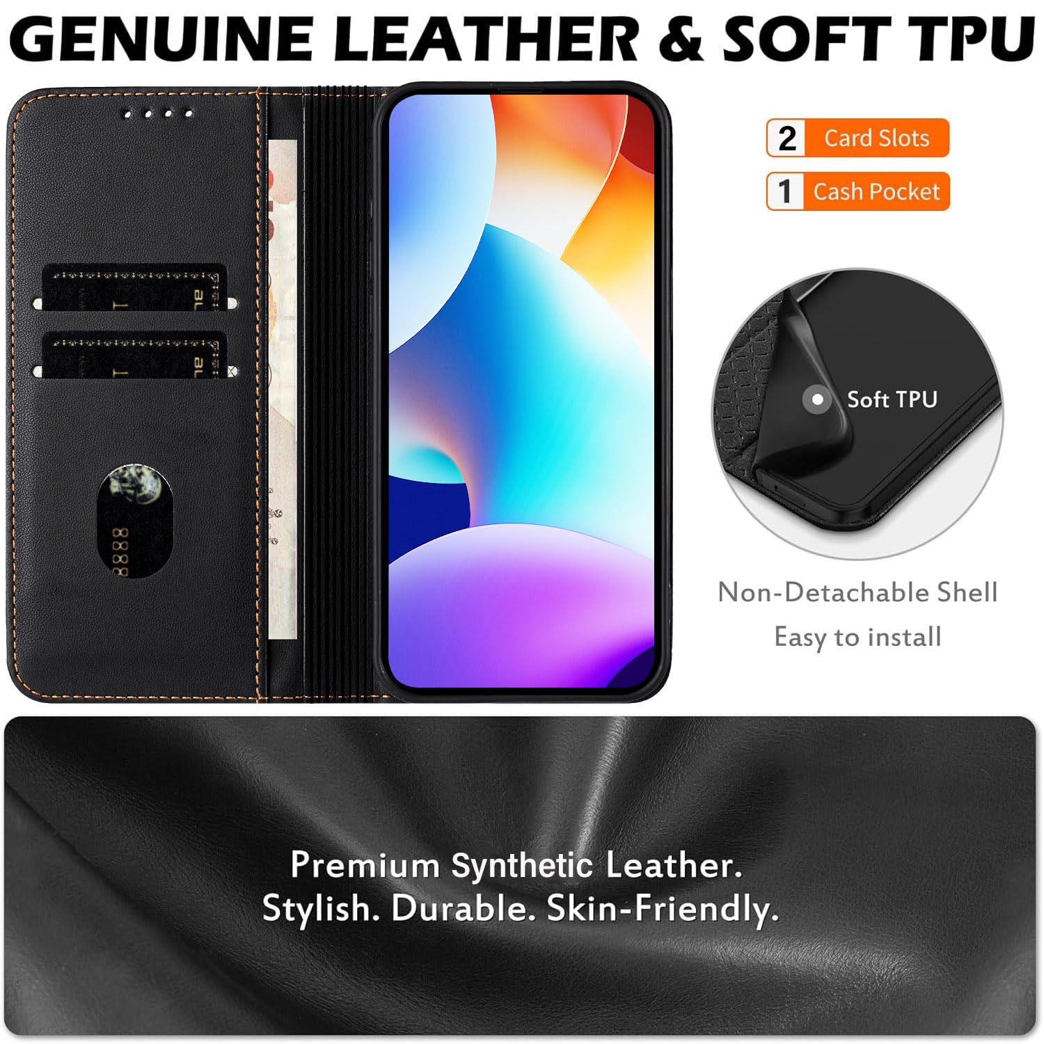 XINYEXIN Etui do Realme 14 5G / Realme 14T 5G, etui z klapką ze skóry PU z ochroną RFID, przegródki na karty, portfel, stojak, pełna ochrona - czarne