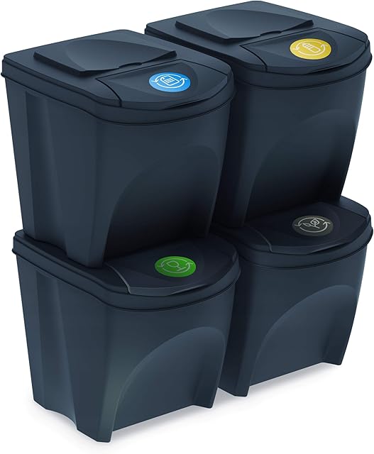 Prosperplast Set of 4 100L Sortibox Plastic Recycling Bins in Anthracite, 4 x 25L