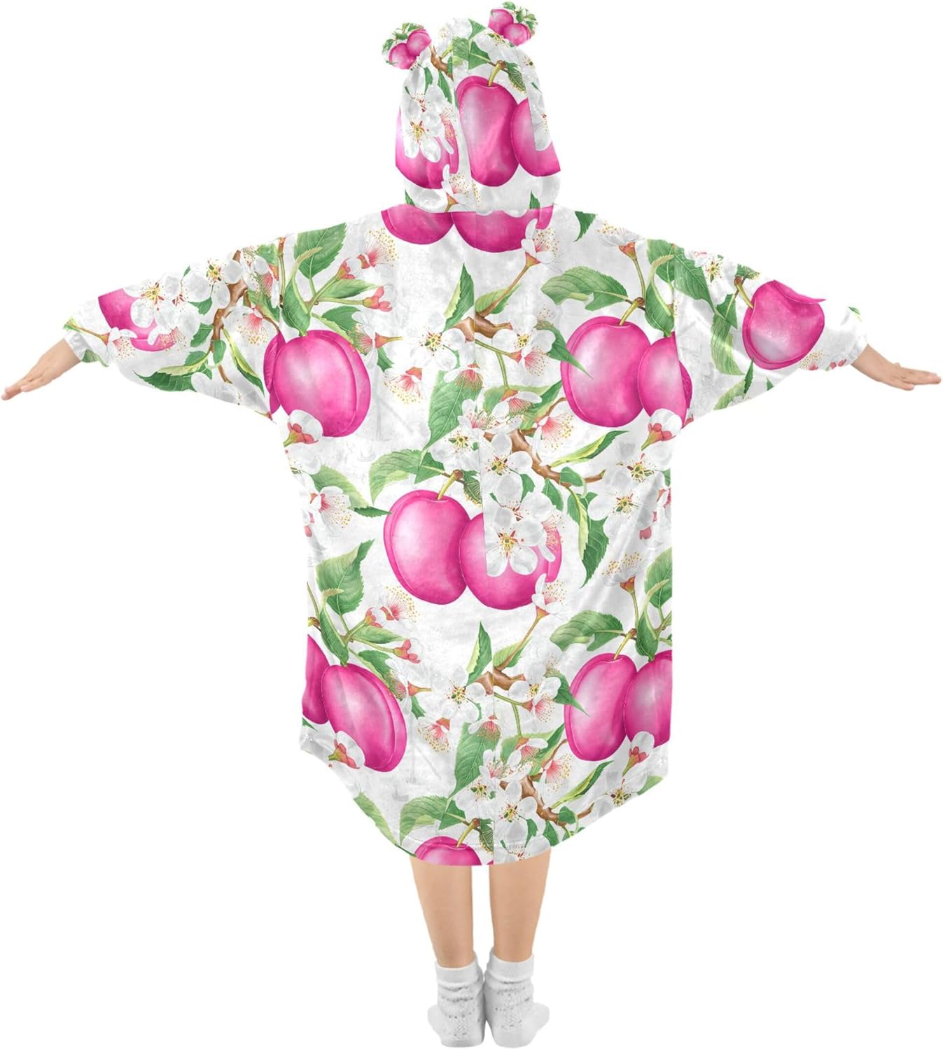 Plum Fruit Flower Kids Wearable Blanket Hoodie with Pocket and Sleeves for Toddlers, Cute Hoodies 3-14 Year Girls Boys