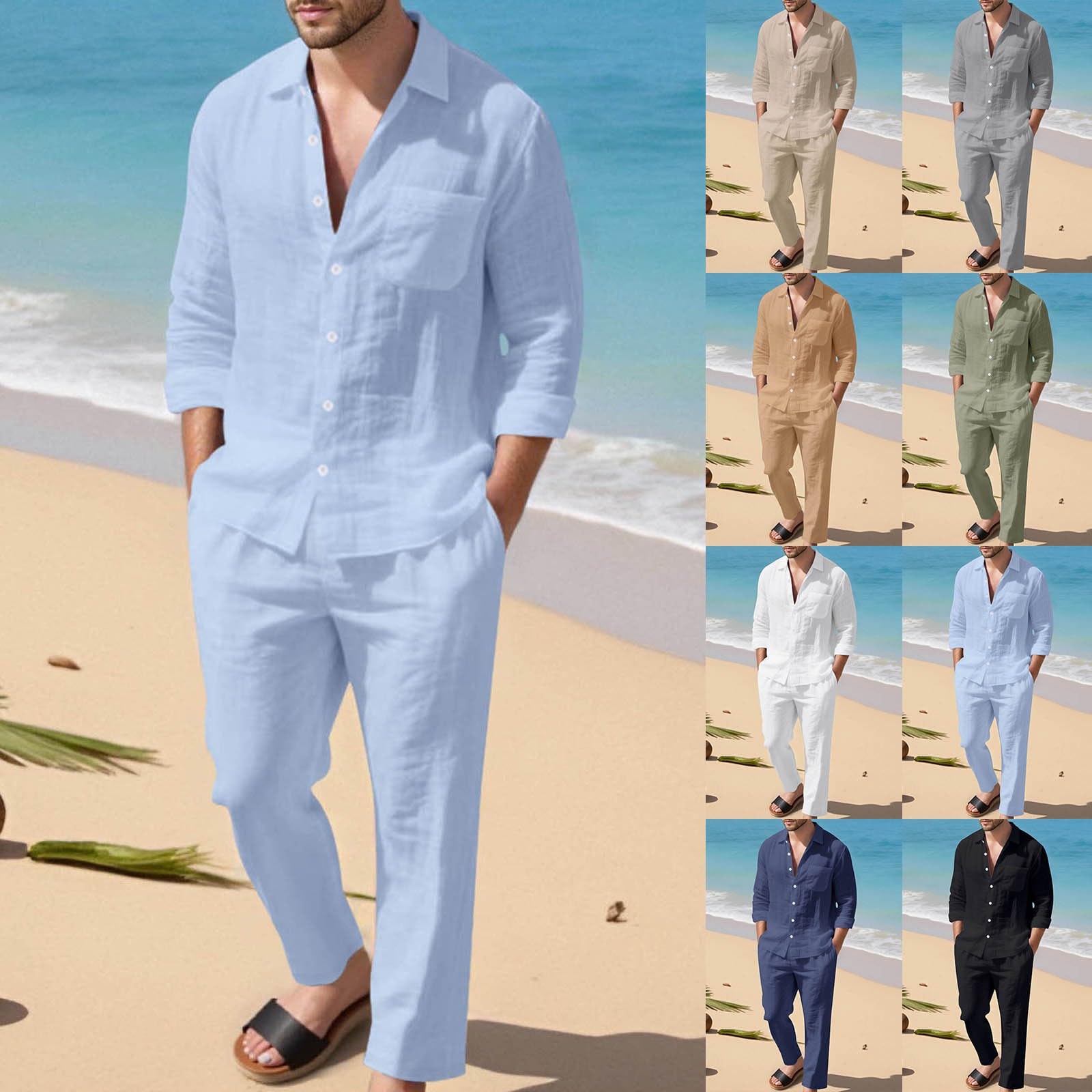 Pigiama lungo da uomo, in lino, estivo, leggero, in lino, tinta unita, da jogging, in cotone, 2 pezzi, camicia estiva e pantaloni lunghi