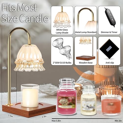 Vista 6 de Candle Warmer Lamp, Candle Lamp Wax Warmer, Timer & Dimmer 7-Levels, Compatible All Jar Candles, Top Melting, Glass Candle Heater Lamp for Scented