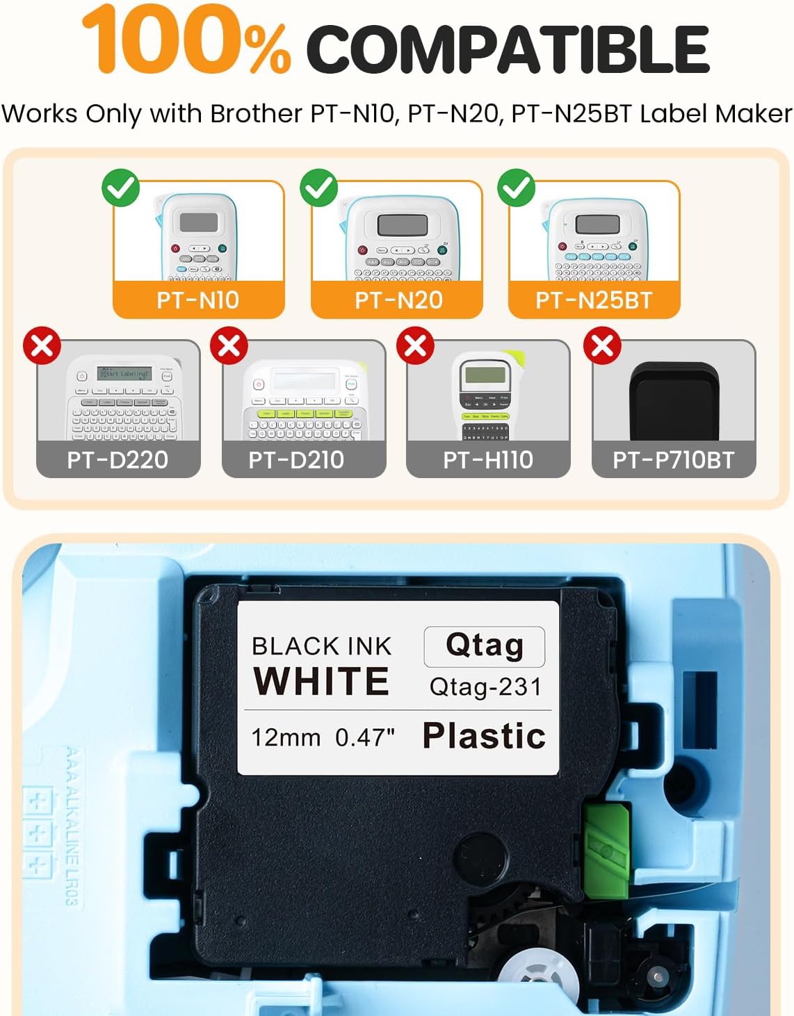 Replacement for Brother Btag Label Tape 12mm 0.47 Inch Btag-231 Btag231 Black on White Label Maker Tape Refills, Compatible with Brother P Touch PT-N10 PT-N20 PT-N25BT Label Makers, 12mm x 4m, 6-Pack