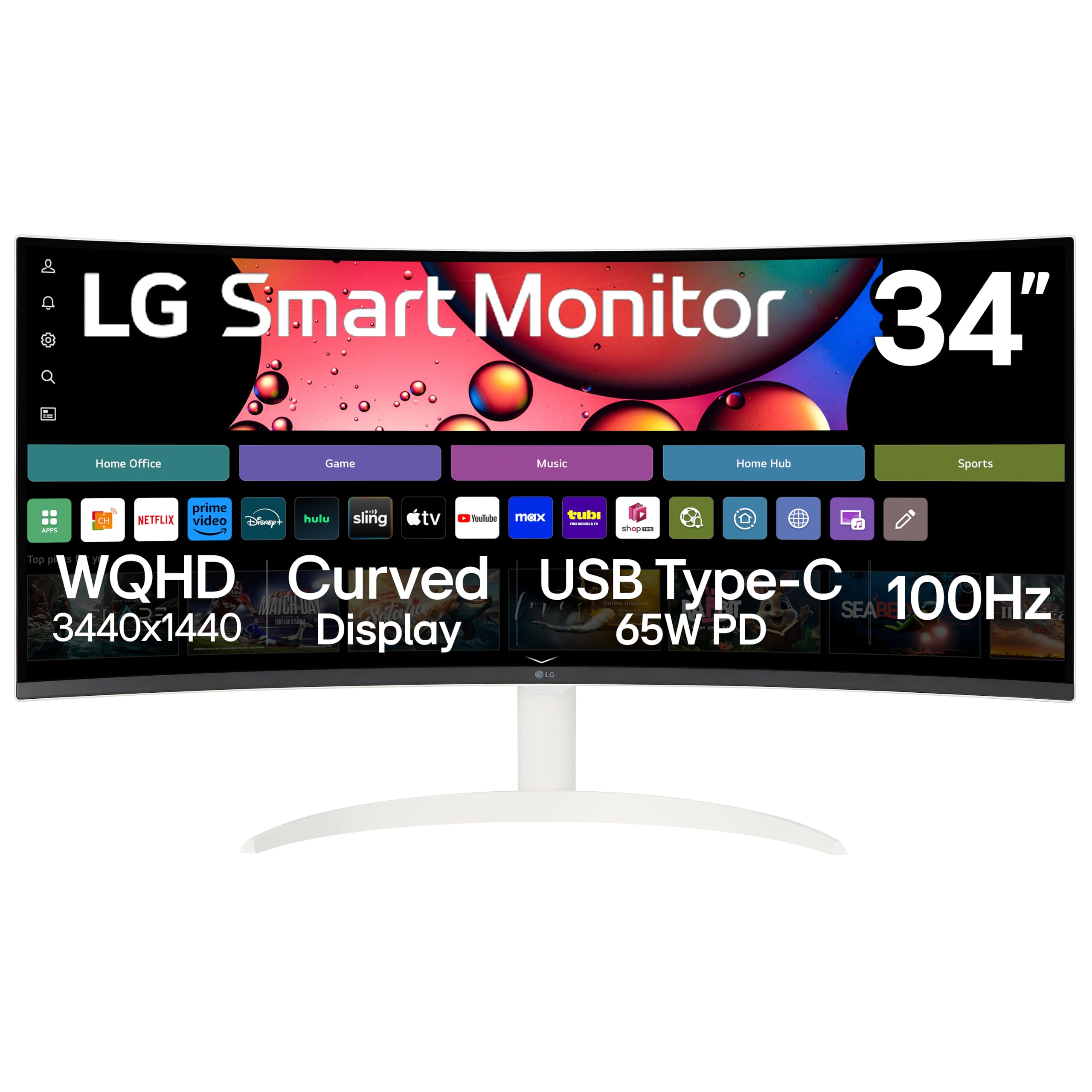 Photo 1 of LG 34SR63QA-W 34 inch Smart Curved Monitor with Streaming TV, QHD 1440p, UltraWide Screen, USB Type-C 65W PD, 1800R, webOS, HDR10, 100Hz, Built-in Speaker, AirPlay2, Screen Share, Bluetooth, White