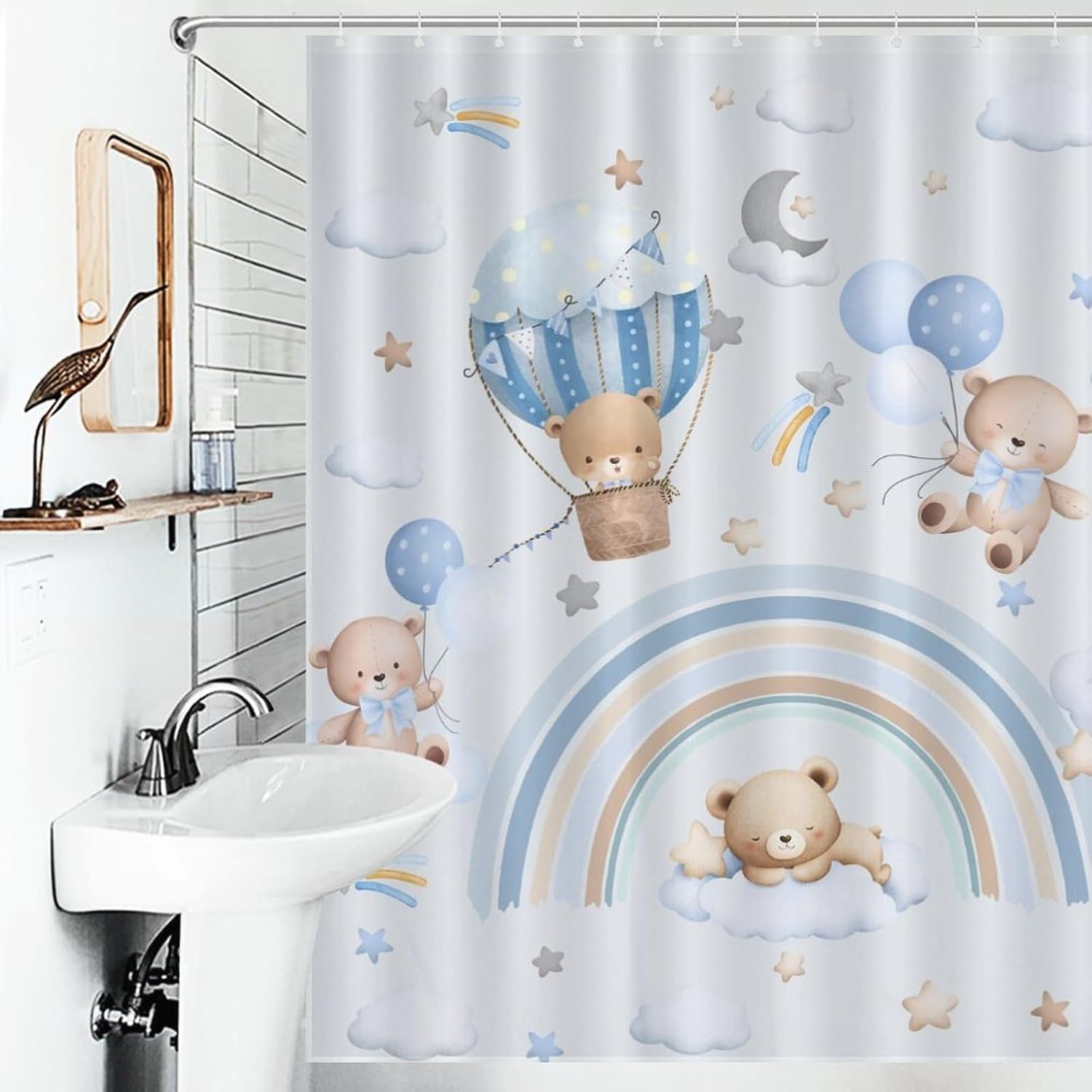 Bear Shower Curtain, Baby Boys Girls Cute Lovely Cartoon Bear Cloud Boho Rainbow Pastel Blue Waterproof Fabric Bathroom Shower Curtain Set with Hooks, 72"x78" Inch